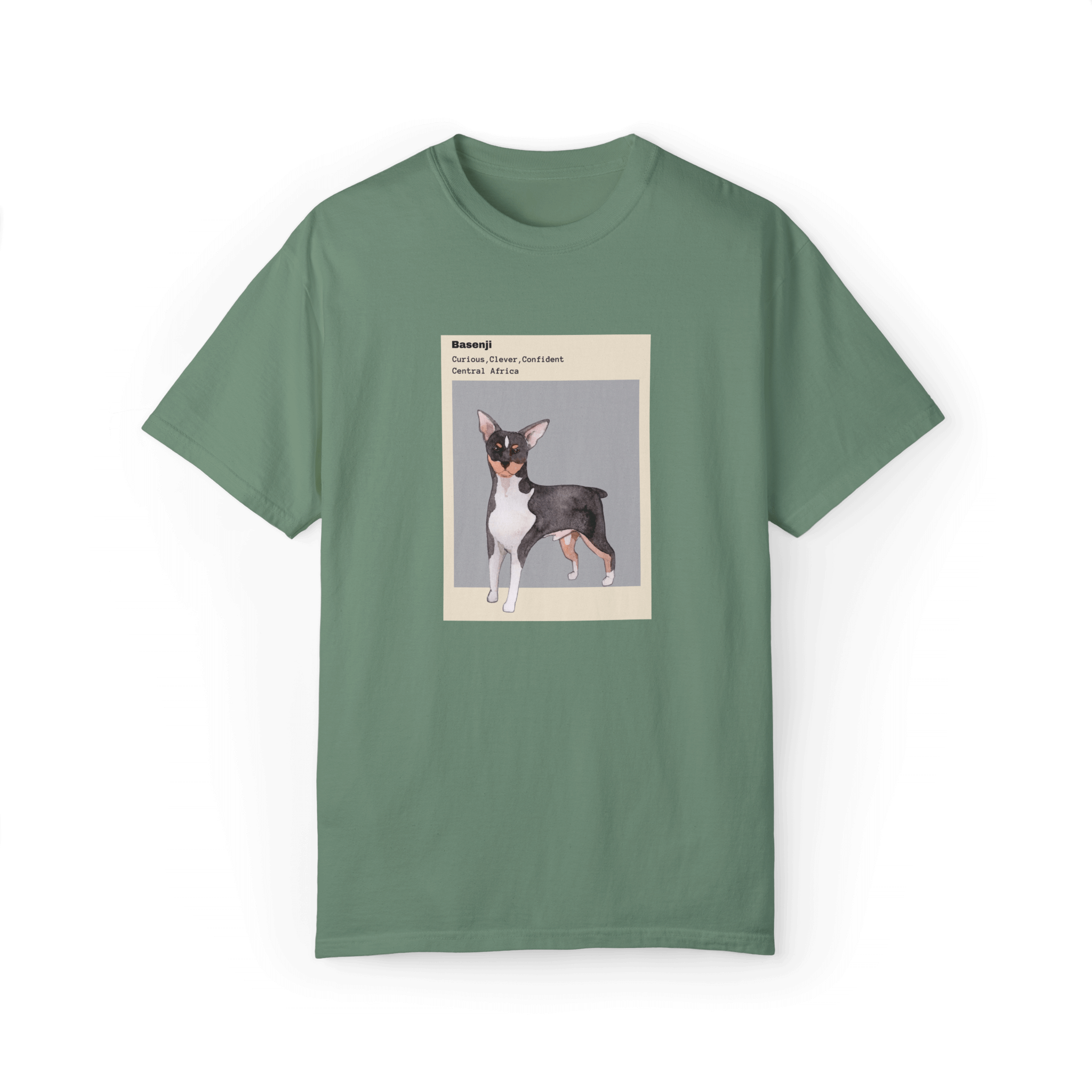 Sage green T-shirt featuring a watercolor illustration of a Basenji dog with text describing its traits: 'Curious, Clever, Confident,' and its origin, 'Central Africa,' framed in minimalist beige and gray design.