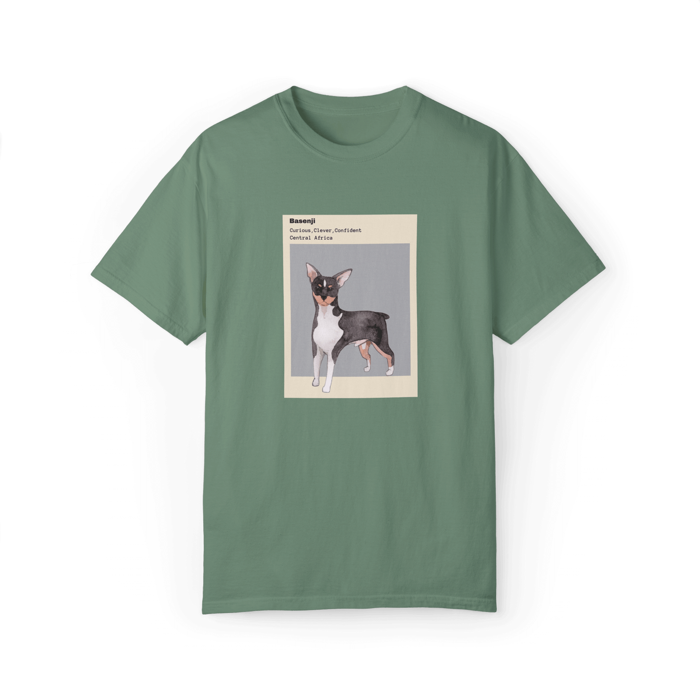 Sage green T-shirt featuring a watercolor illustration of a Basenji dog with text describing its traits: 'Curious, Clever, Confident,' and its origin, 'Central Africa,' framed in minimalist beige and gray design.