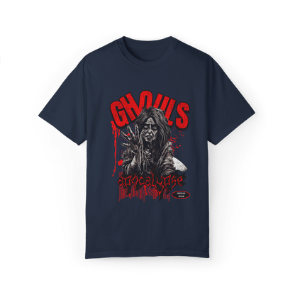 Ghouls graphic tee with horror design, featuring a creepy zombie illustration on navy fabric.
