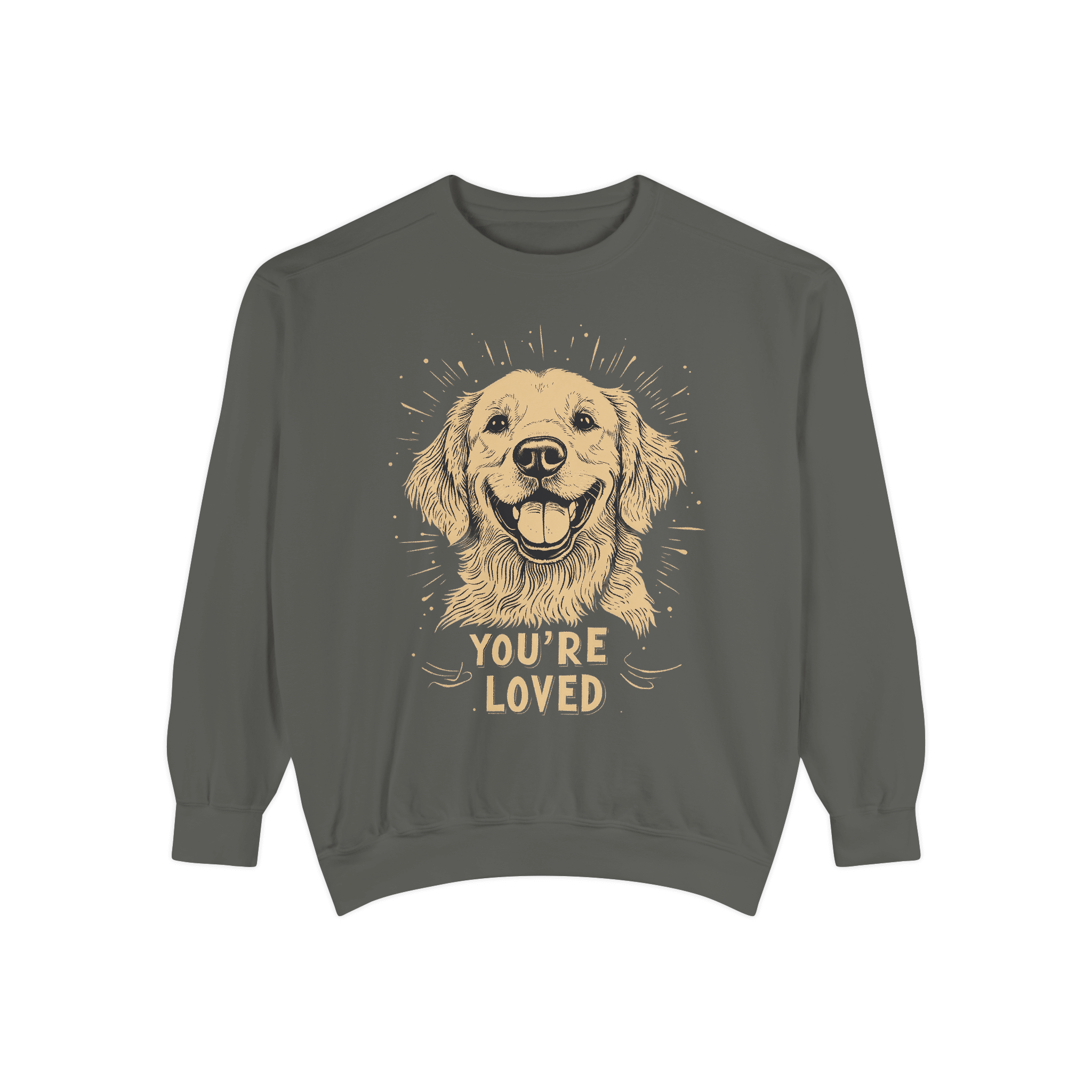 A gray crewneck sweatshirt featuring a smiling golden retriever illustration and the text 