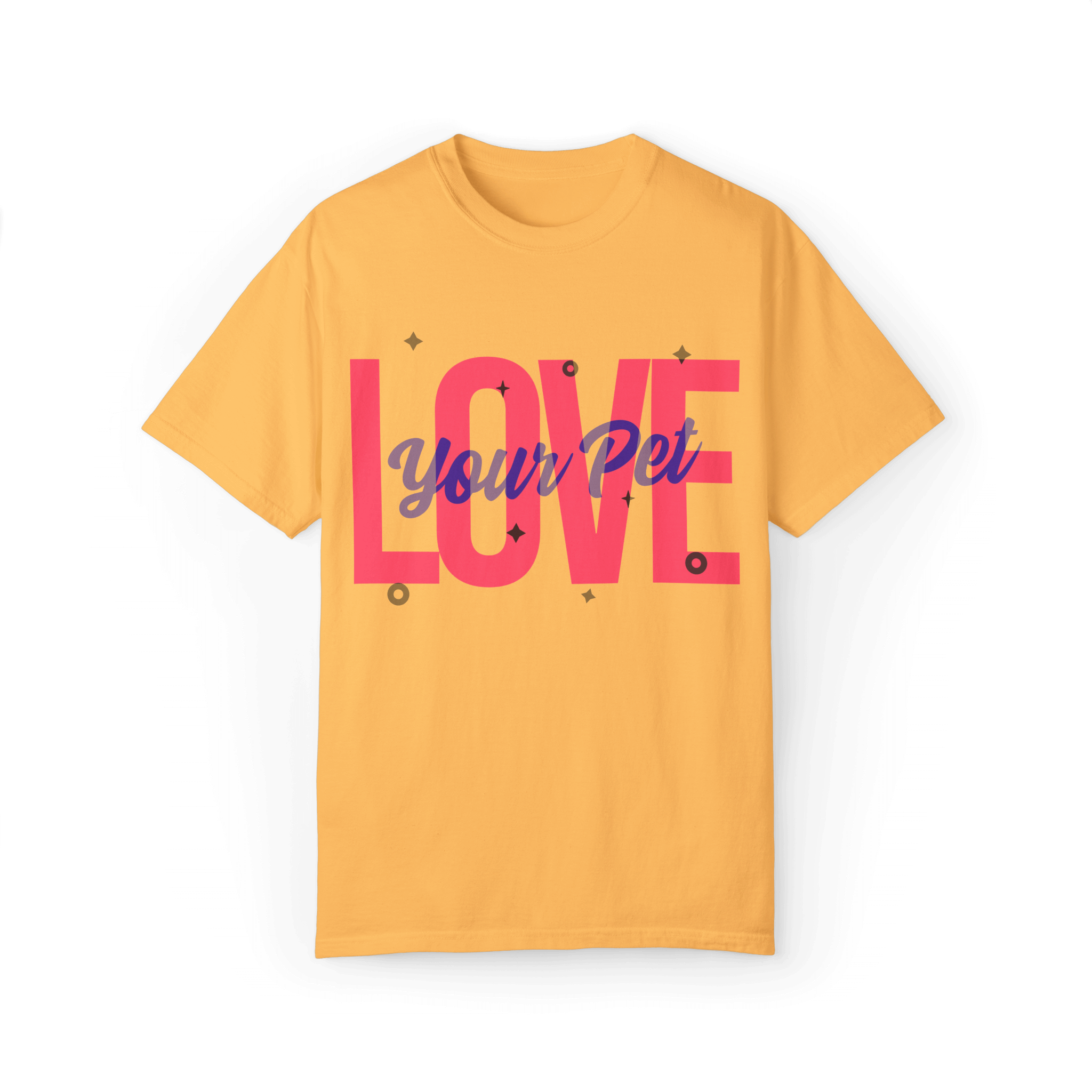 Bright yellow T-shirt featuring a bold design with the text 'Love Your Pet' in vivid pink and blue, accented with small geometric details.