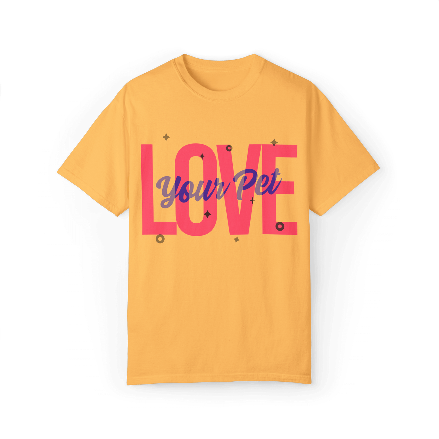 Bright yellow T-shirt featuring a bold design with the text 'Love Your Pet' in vivid pink and blue, accented with small geometric details.