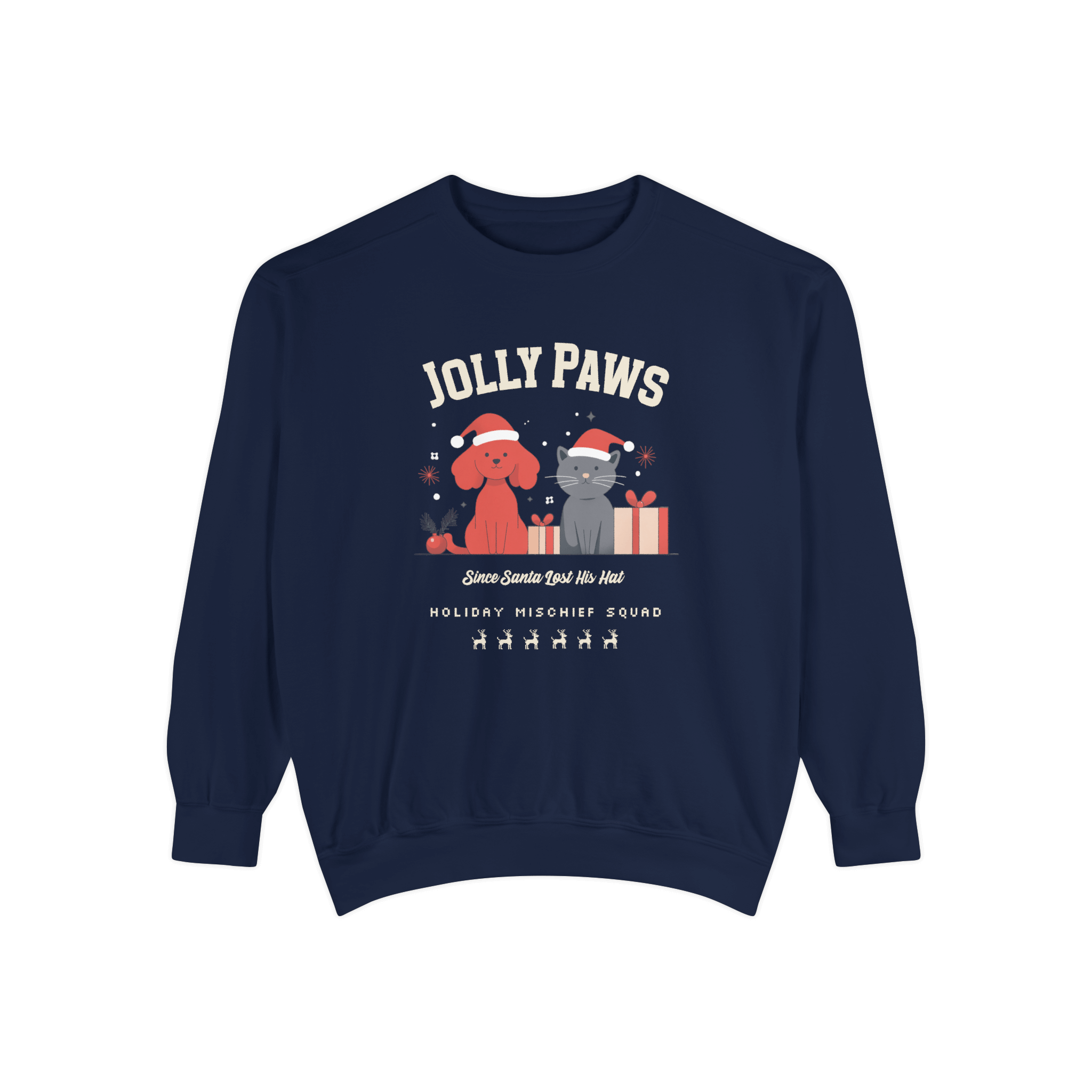 Cozy navy sweatshirt featuring a dog and cat in holiday hats with 