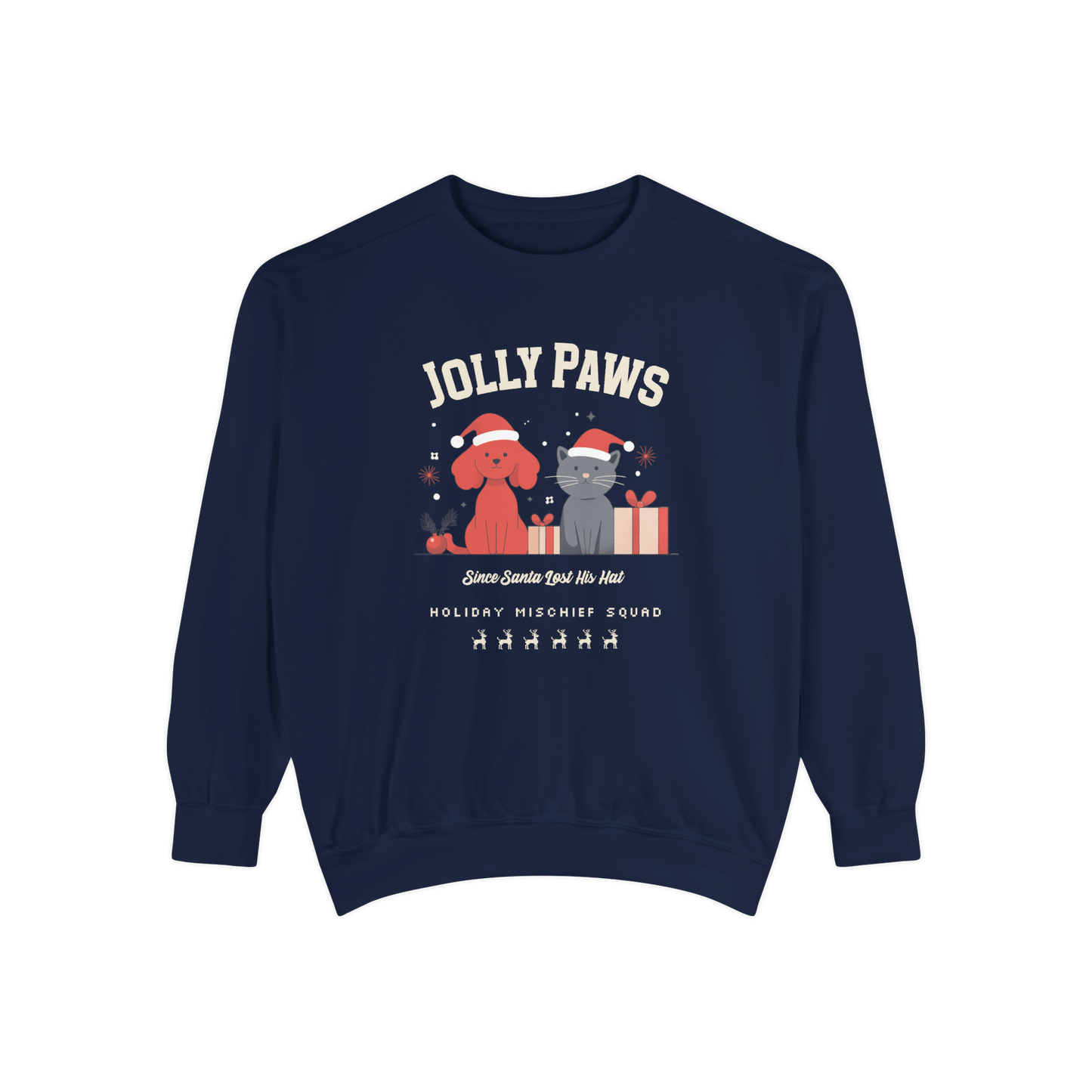 Cozy navy sweatshirt featuring a dog and cat in holiday hats with "Jolly Paws" text, perfect for Christmas pet lovers.