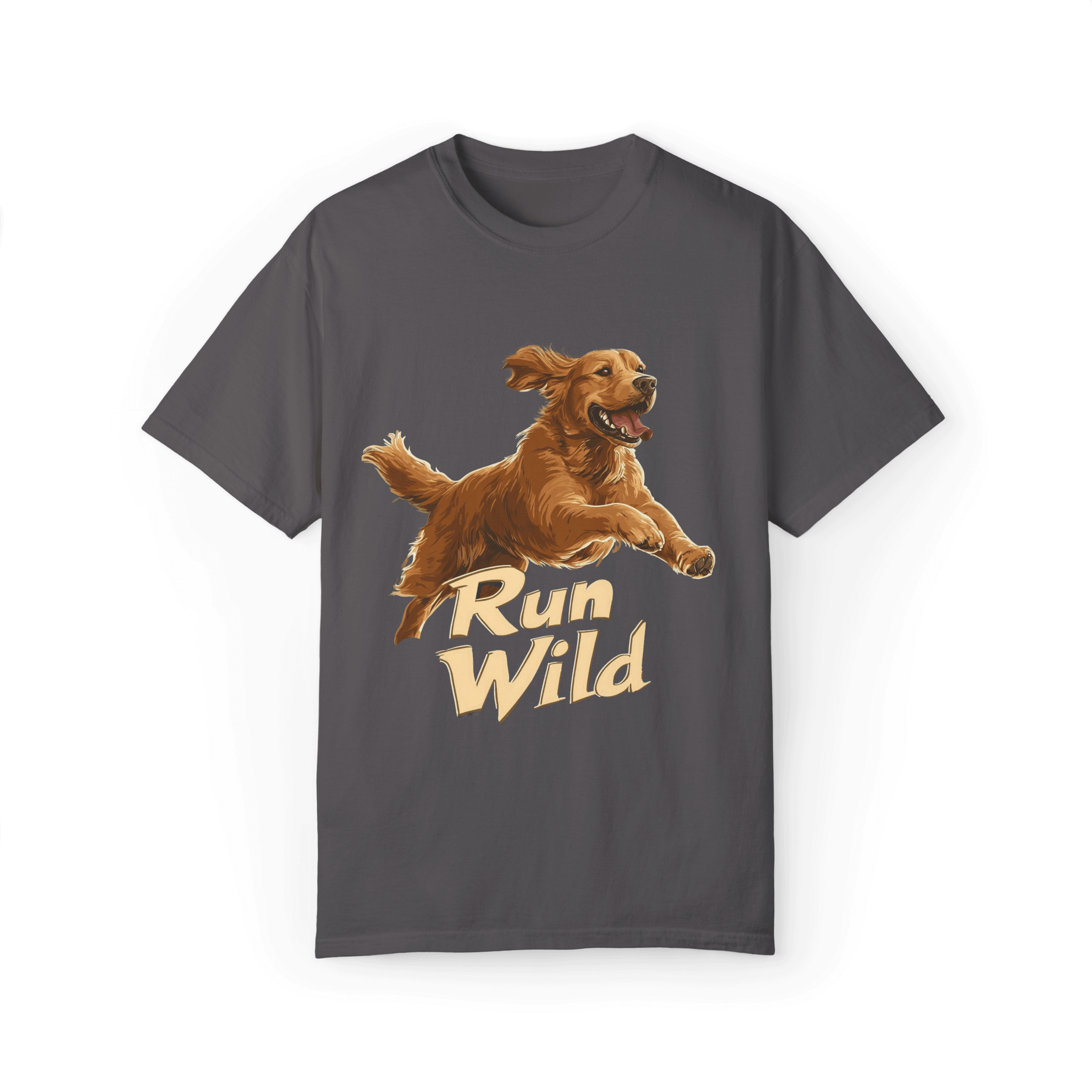 A gray T-shirt featuring a running Golden Retriever and the text 