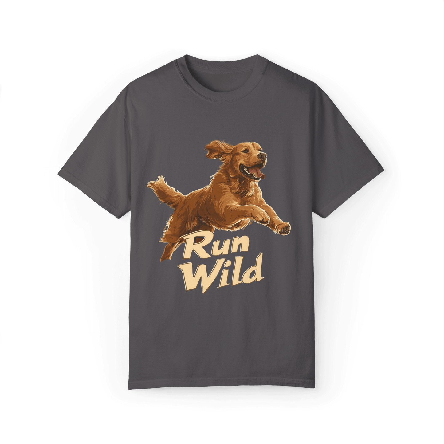 A gray T-shirt featuring a running Golden Retriever and the text "Run Wild," showcasing a design that conveys freedom and energy.