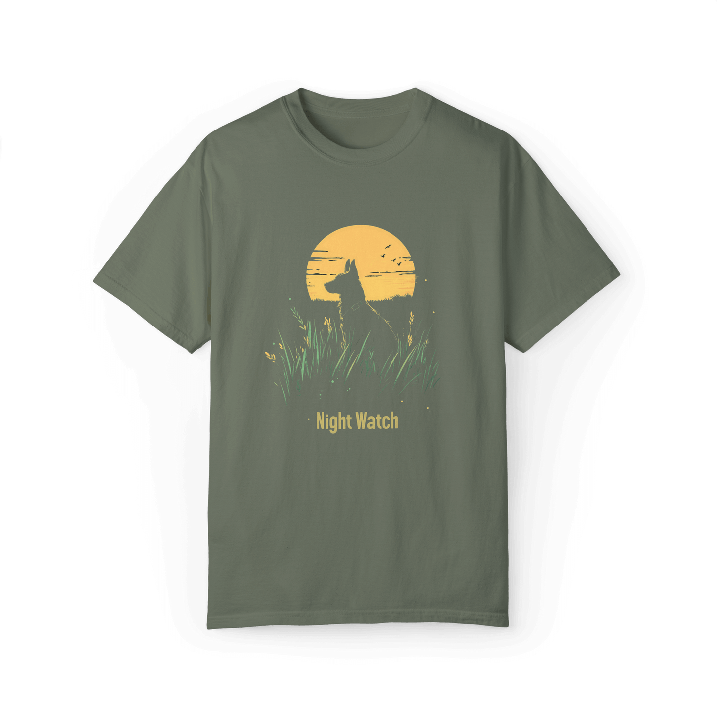 This "Night Watch" T-shirt, set against an olive-green background, captures a serene scene of a dog keeping watch under the moonlight. It evokes a sense of warmth and security, making it perfect for nature and adventure enthusiasts.