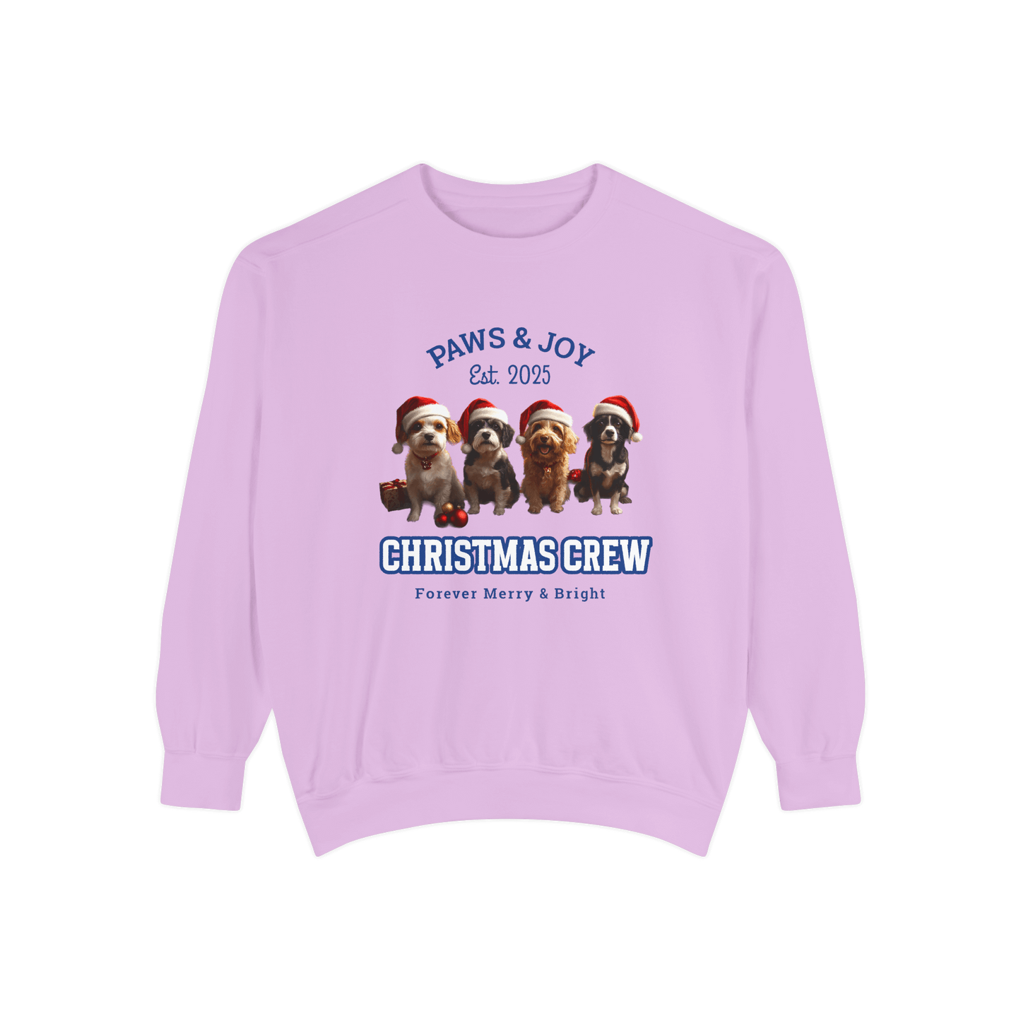 Light purple Christmas-themed sweatshirt featuring "Christmas Crew" text and illustrations of four dogs wearing Santa hats, creating a festive vibe.