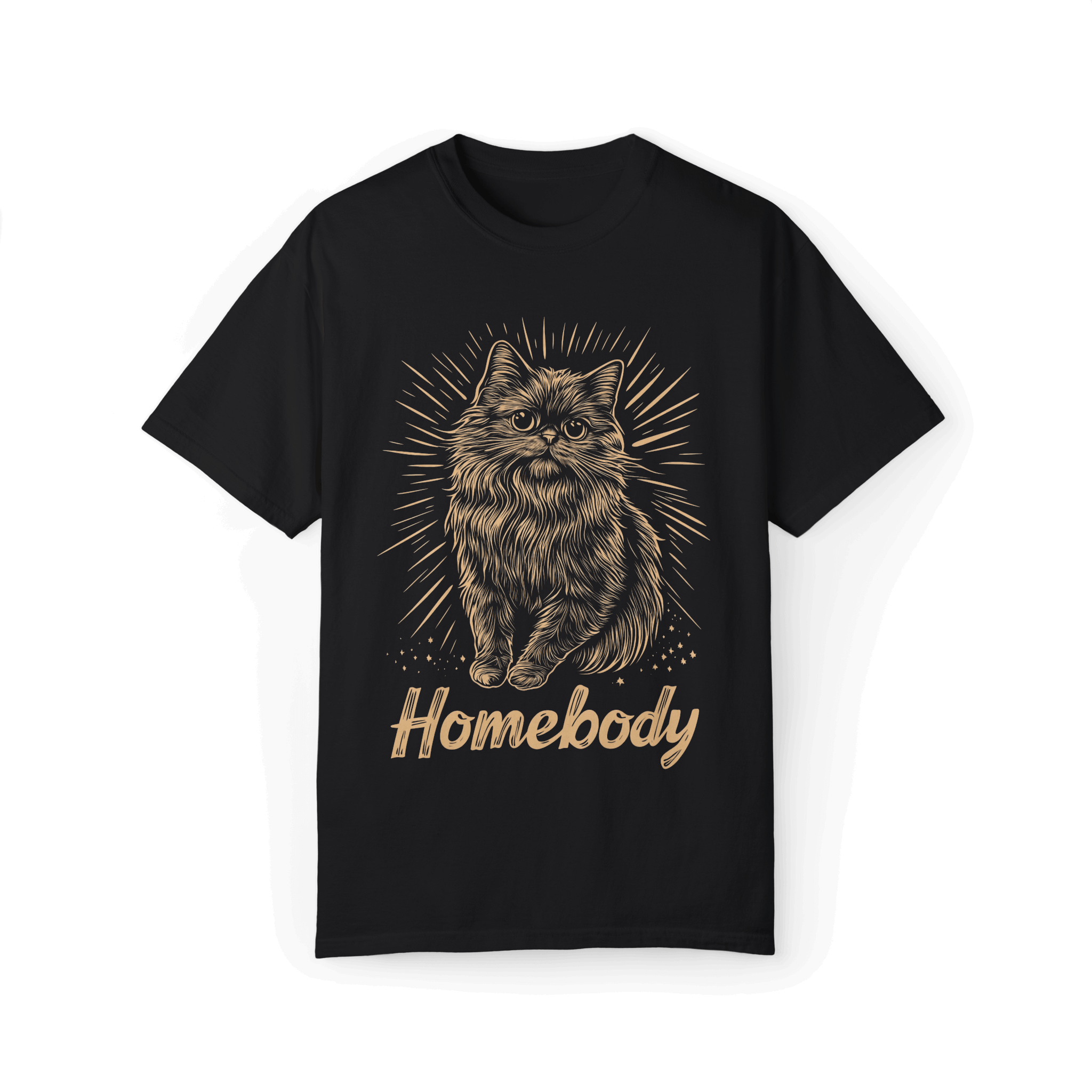 Black T-shirt featuring a detailed illustration of a Persian cat with the text 'Homebody' below, conveying a warm and cozy home vibe.