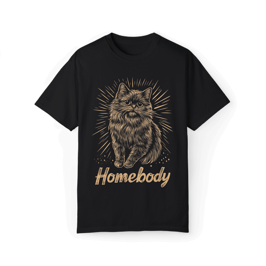 Black T-shirt featuring a detailed illustration of a Persian cat with the text 'Homebody' below, conveying a warm and cozy home vibe.