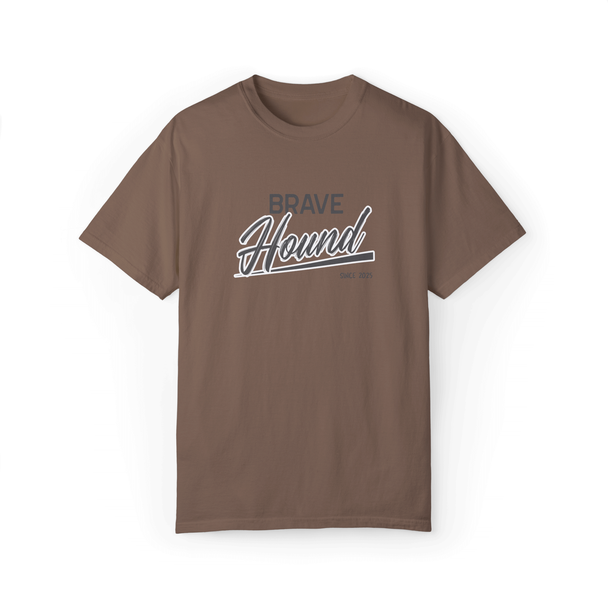 A brown T-shirt featuring the 'Brave Hound' logo in bold and stylish typography, ideal for trendy casual outfits.