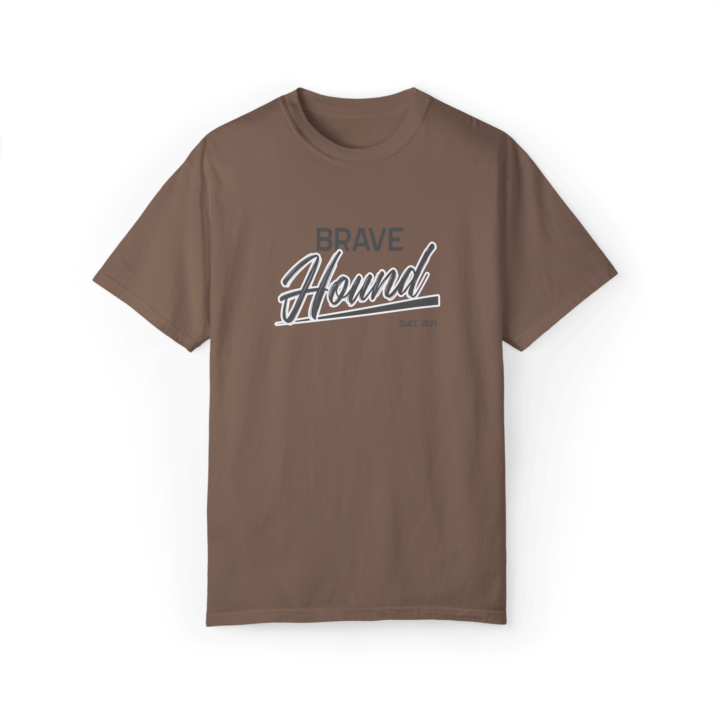 A brown T-shirt featuring the 'Brave Hound' logo in bold and stylish typography, ideal for trendy casual outfits.