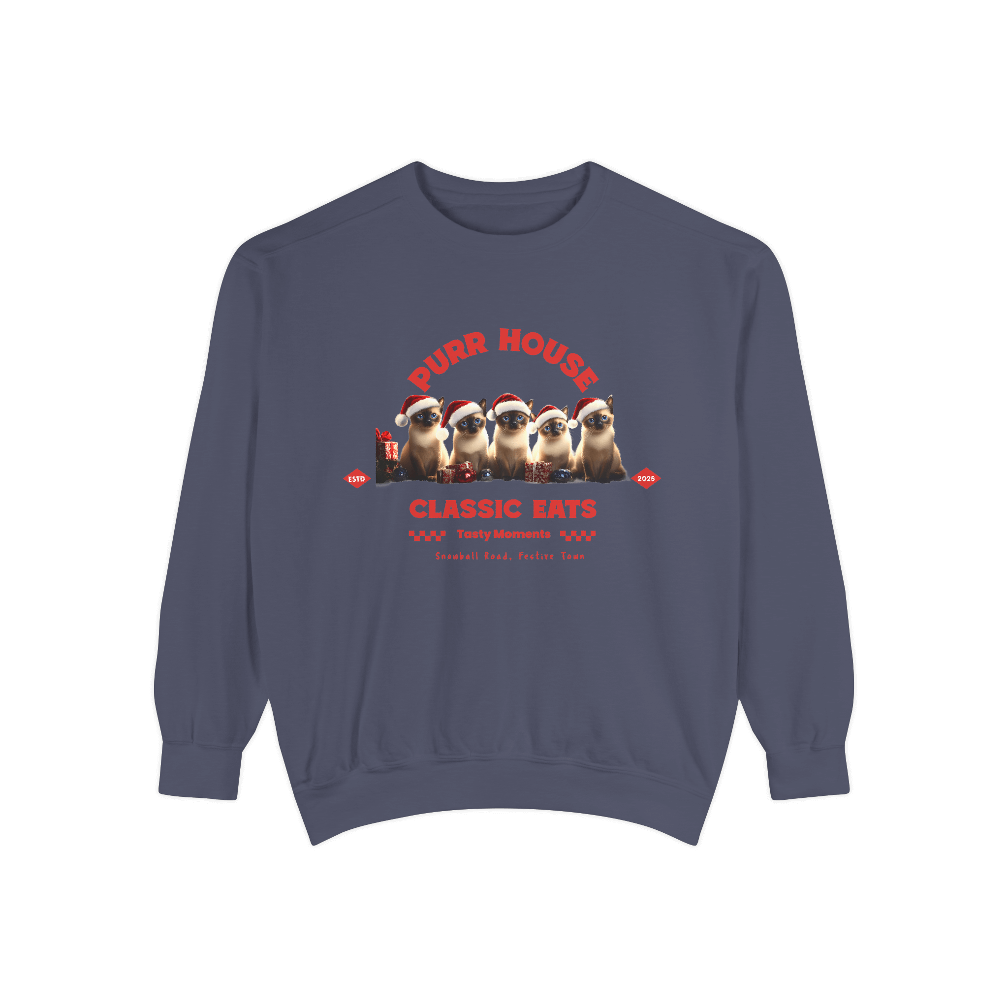 Purr House sweatshirt featuring festive cats in Santa hats, perfect for cozy holiday gatherings and Christmas cheer.