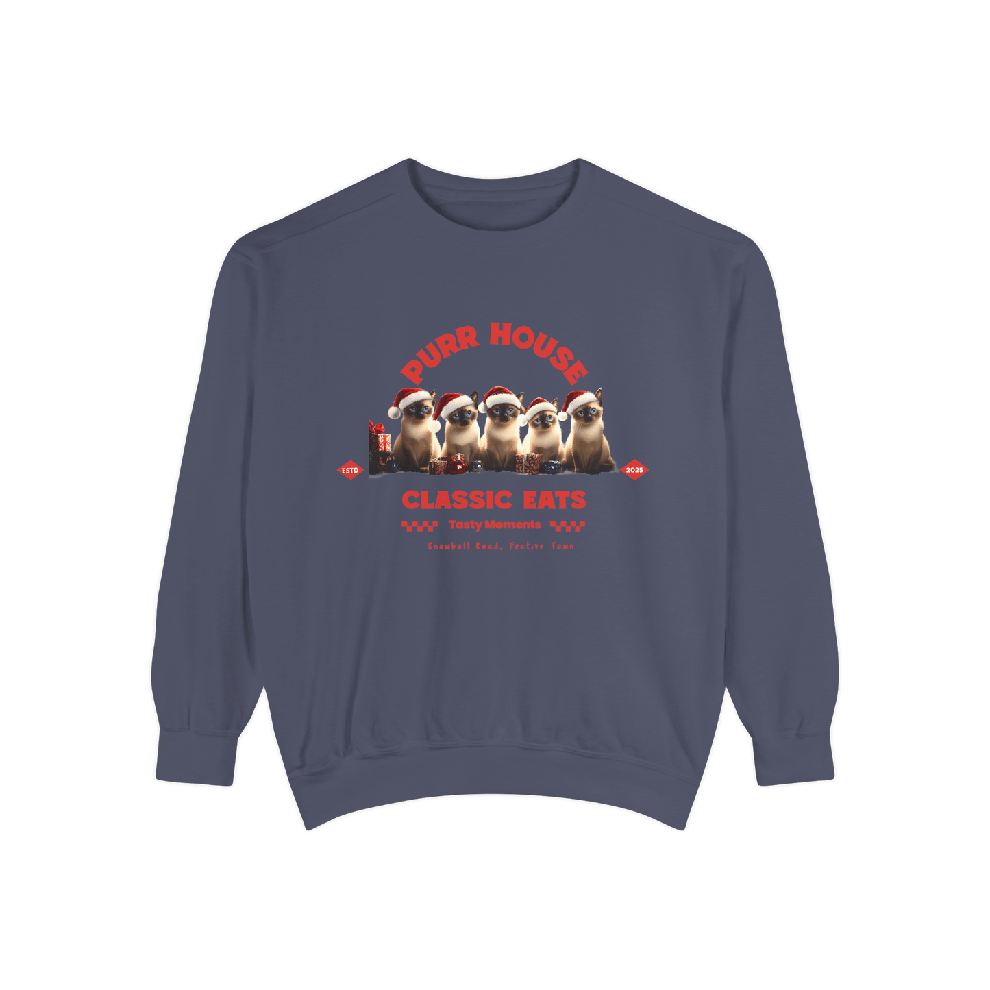 Purr House sweatshirt featuring festive cats in Santa hats, perfect for cozy holiday gatherings and Christmas cheer.