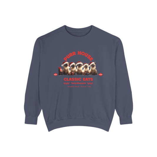 Purr House sweatshirt featuring festive cats in Santa hats, perfect for cozy holiday gatherings and Christmas cheer.