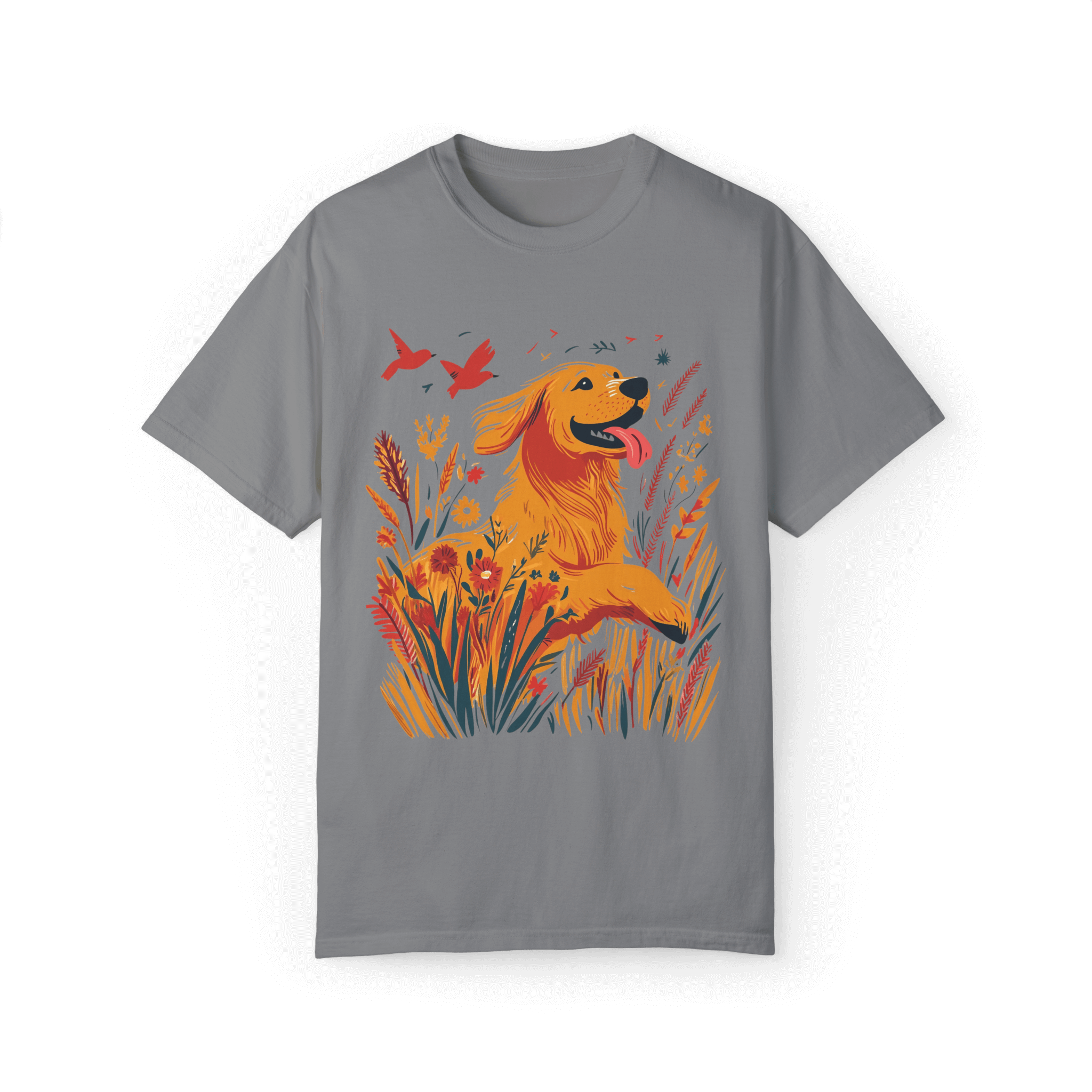 A gray T-shirt featuring a vibrant illustration of a golden retriever joyfully running through blooming wildflowers, with two red birds soaring in the sky, evoking a sense of nature and freedom.