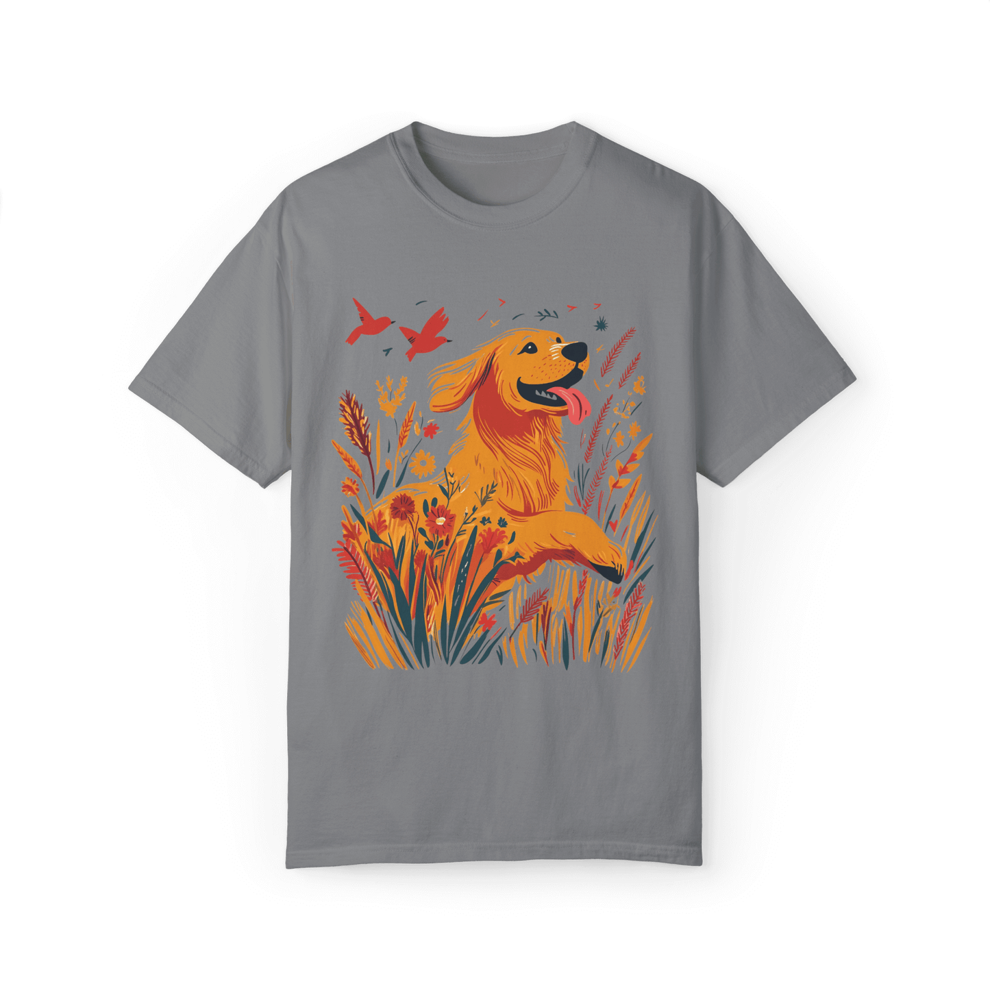 A gray T-shirt featuring a vibrant illustration of a golden retriever joyfully running through blooming wildflowers, with two red birds soaring in the sky, evoking a sense of nature and freedom.