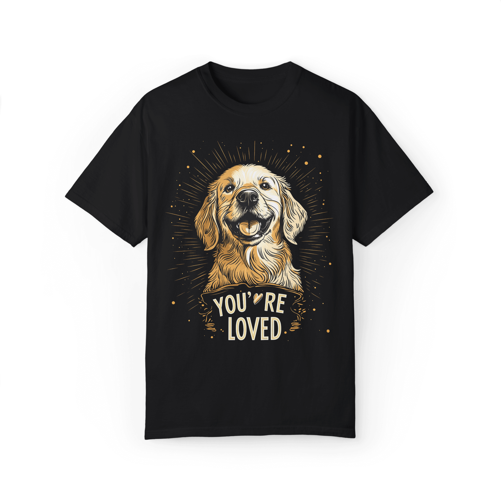 Black T-shirt featuring a smiling Golden Retriever illustration with the text 