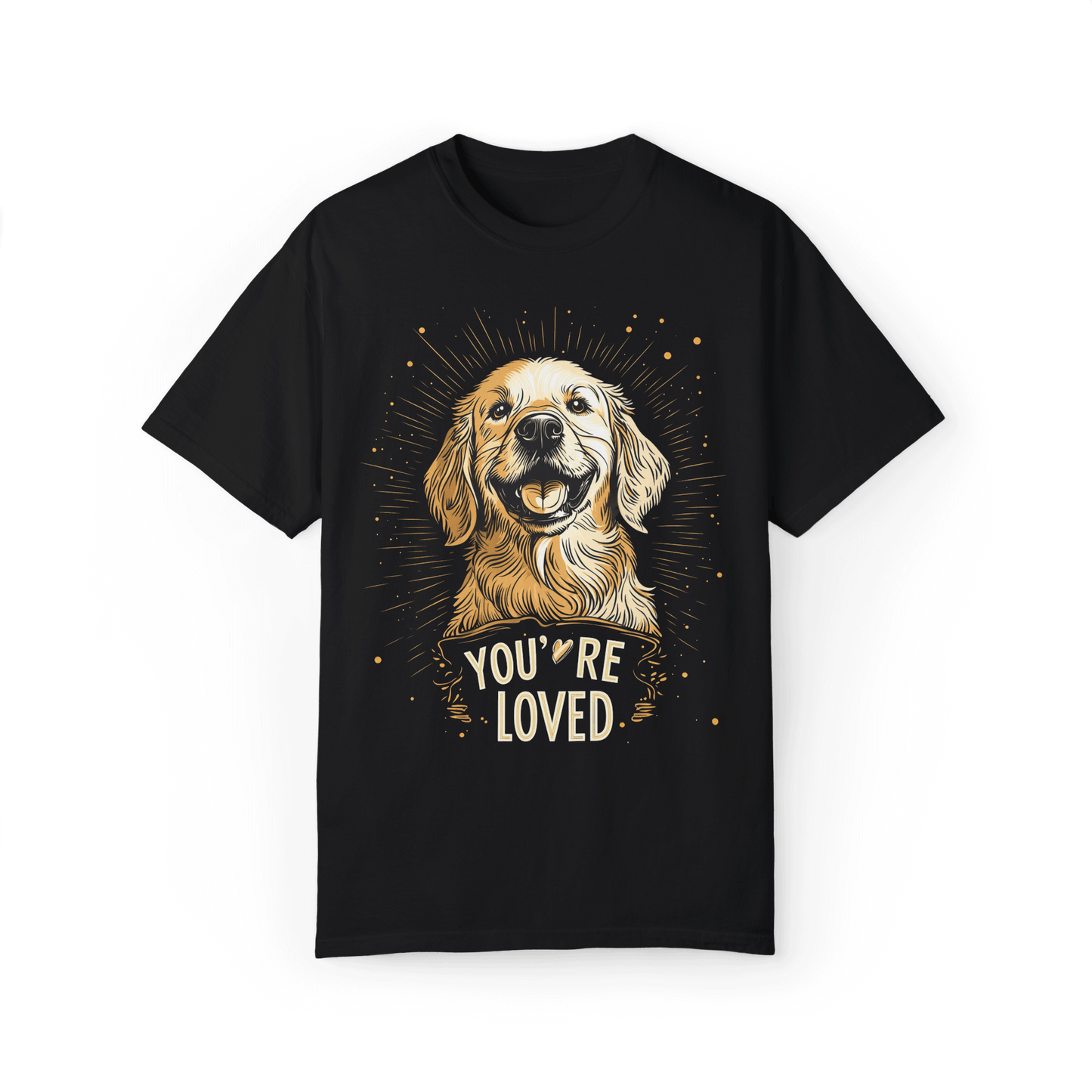 Black T-shirt featuring a smiling Golden Retriever illustration with the text "YOU'RE LOVED."