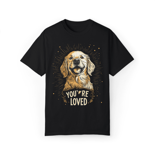 Black T-shirt featuring a smiling Golden Retriever illustration with the text "YOU'RE LOVED."