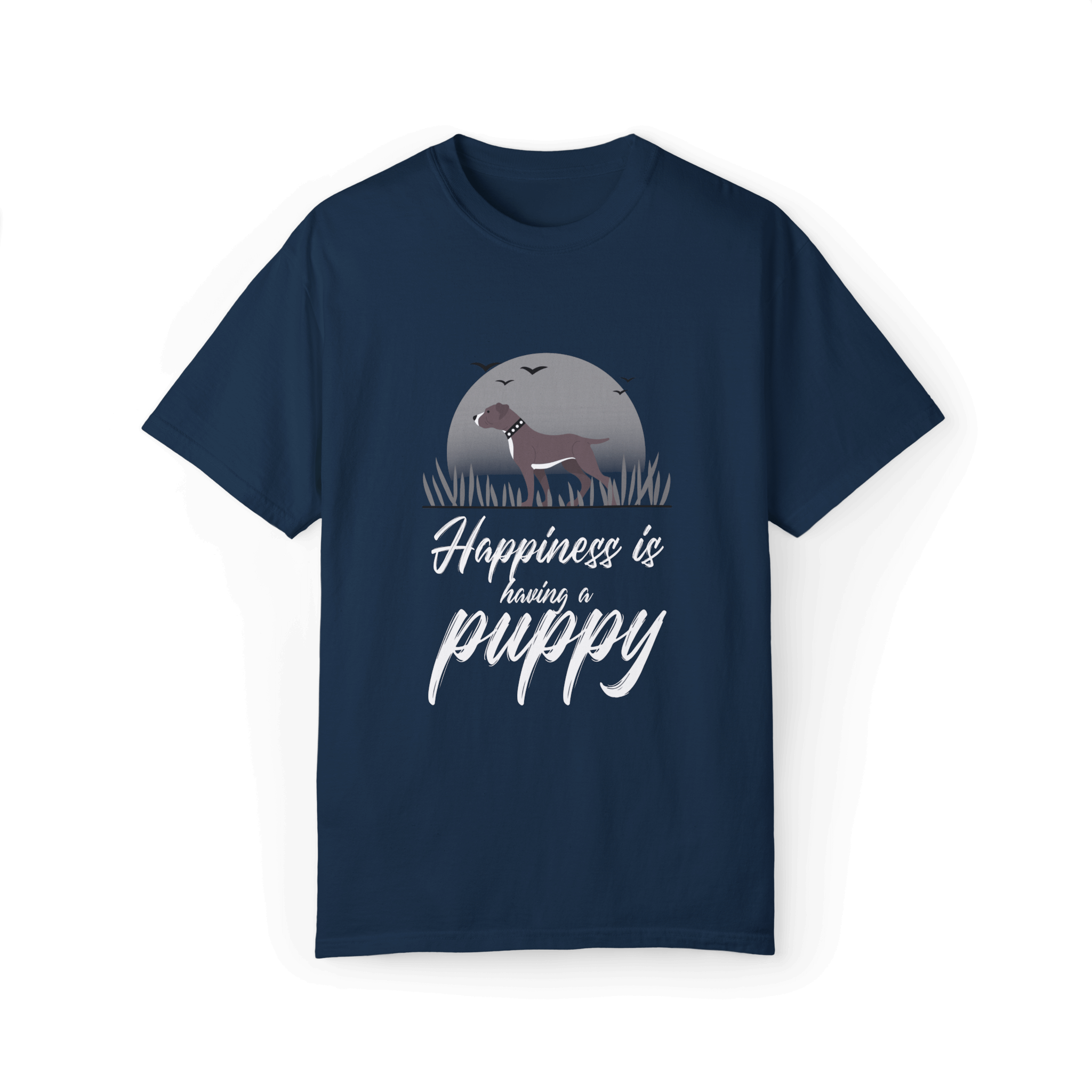 Navy blue T-shirt with a Pitbull puppy design under a gray moonlit background, featuring white text 'Happiness is having a puppy,' perfect for dog lovers.