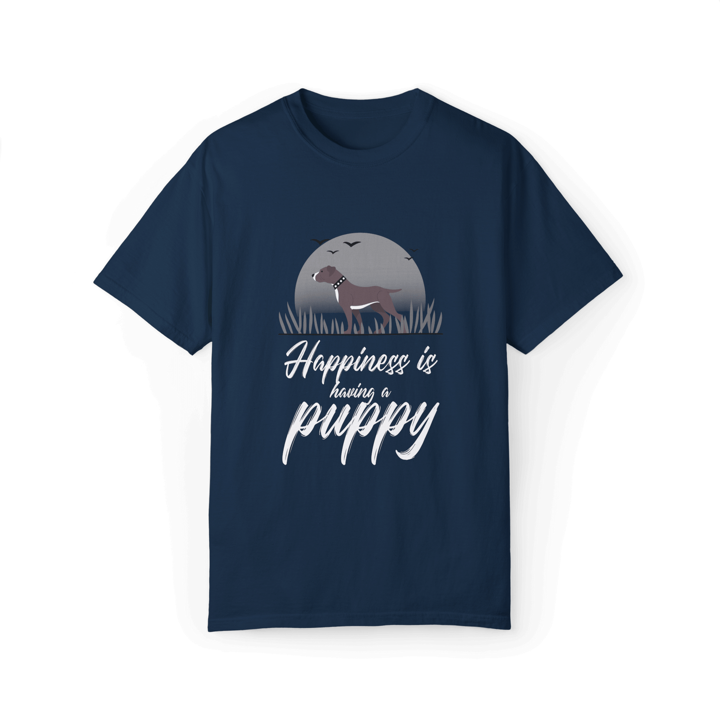 Navy blue T-shirt with a Pitbull puppy design under a gray moonlit background, featuring white text 'Happiness is having a puppy,' perfect for dog lovers.