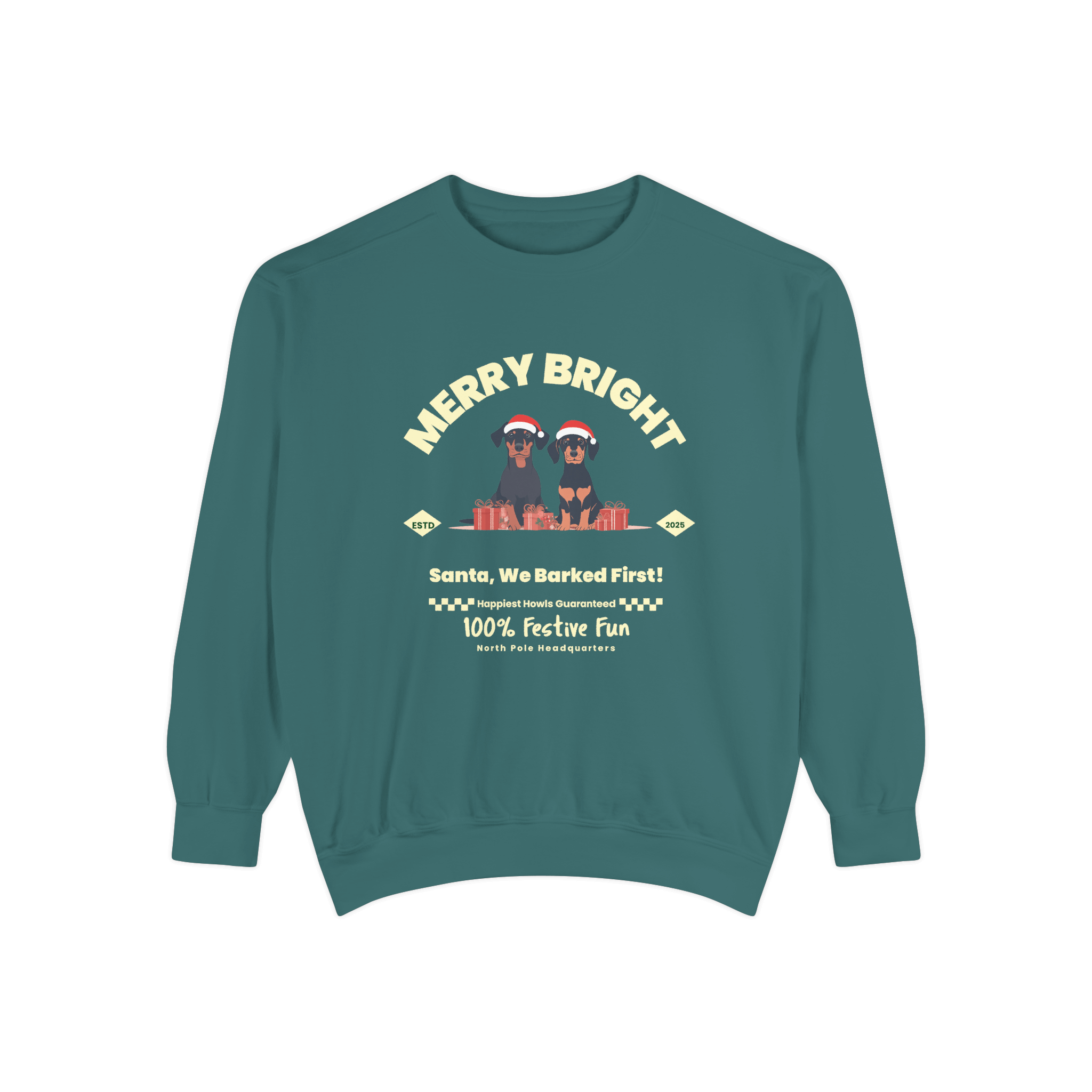 A green Christmas-themed sweatshirt featuring the phrase 