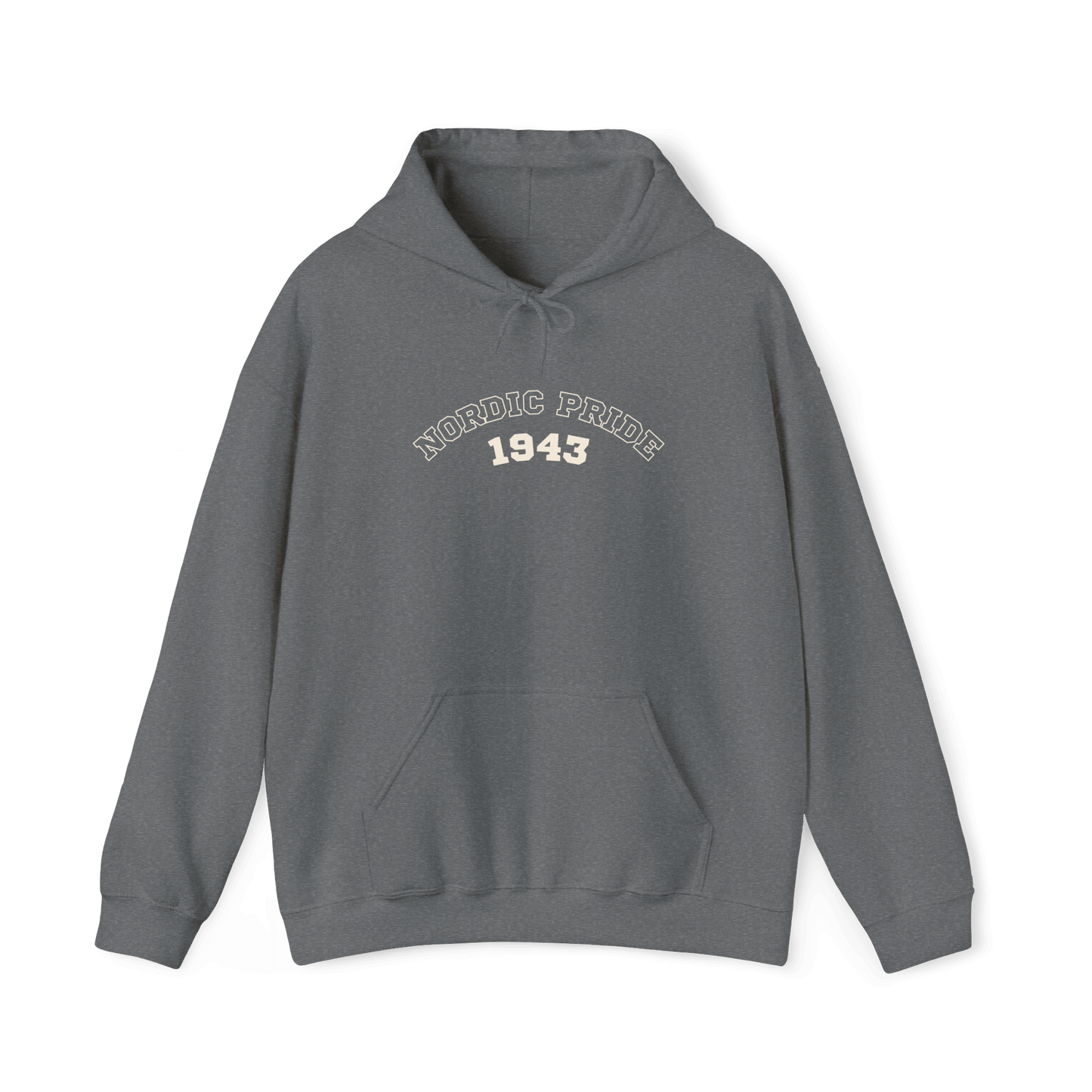 Swedish Vallhund hoodie in gray featuring "NORDIC PRIDE 1943" design, relaxed fit for comfort and style.