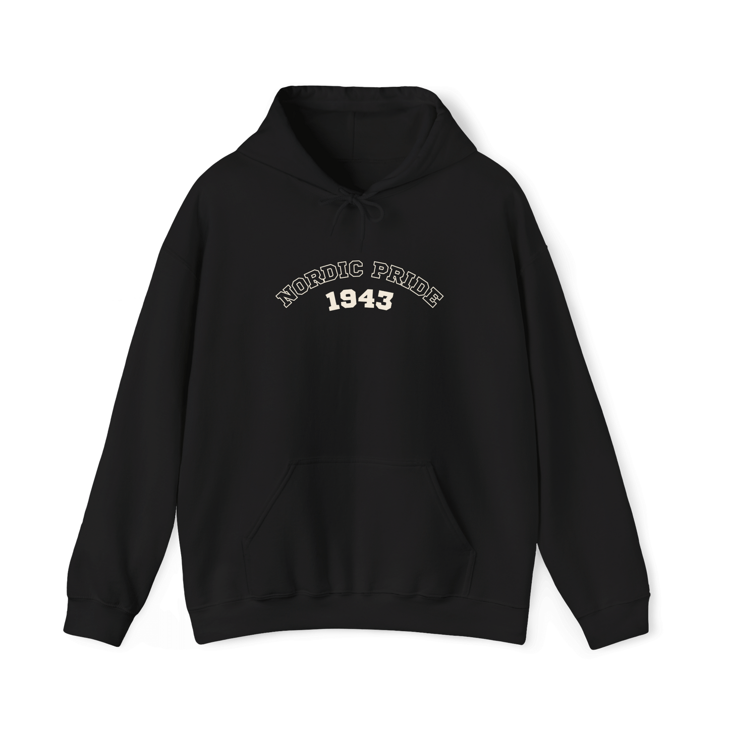 Black Swedish Vallhund hoodie featuring "NORDIC PRIDE 1943" design, relaxed fit for comfort and style.