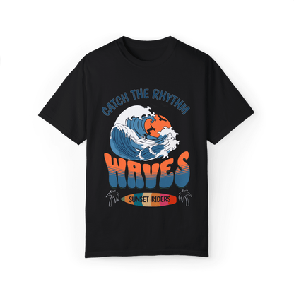 Waves Sunset Riders Tee featuring a colorful wave graphic and the text 'Catch the Rhythm', ideal for a lifestyle of comfort.