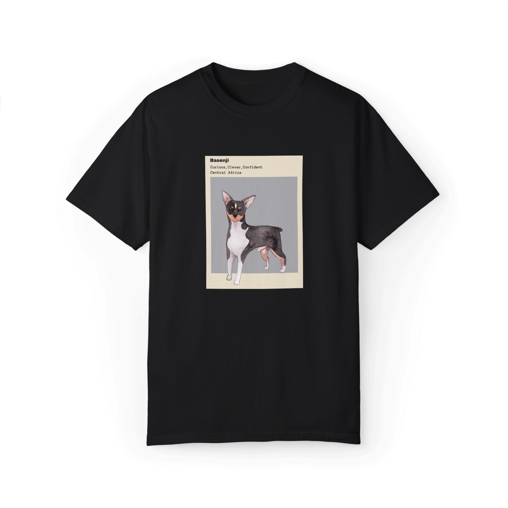 Black T-shirt featuring a watercolor illustration of a Basenji dog with text describing its traits: 'Curious, Clever, Confident,' and its origin, 'Central Africa,' framed in minimalist beige and gray design.