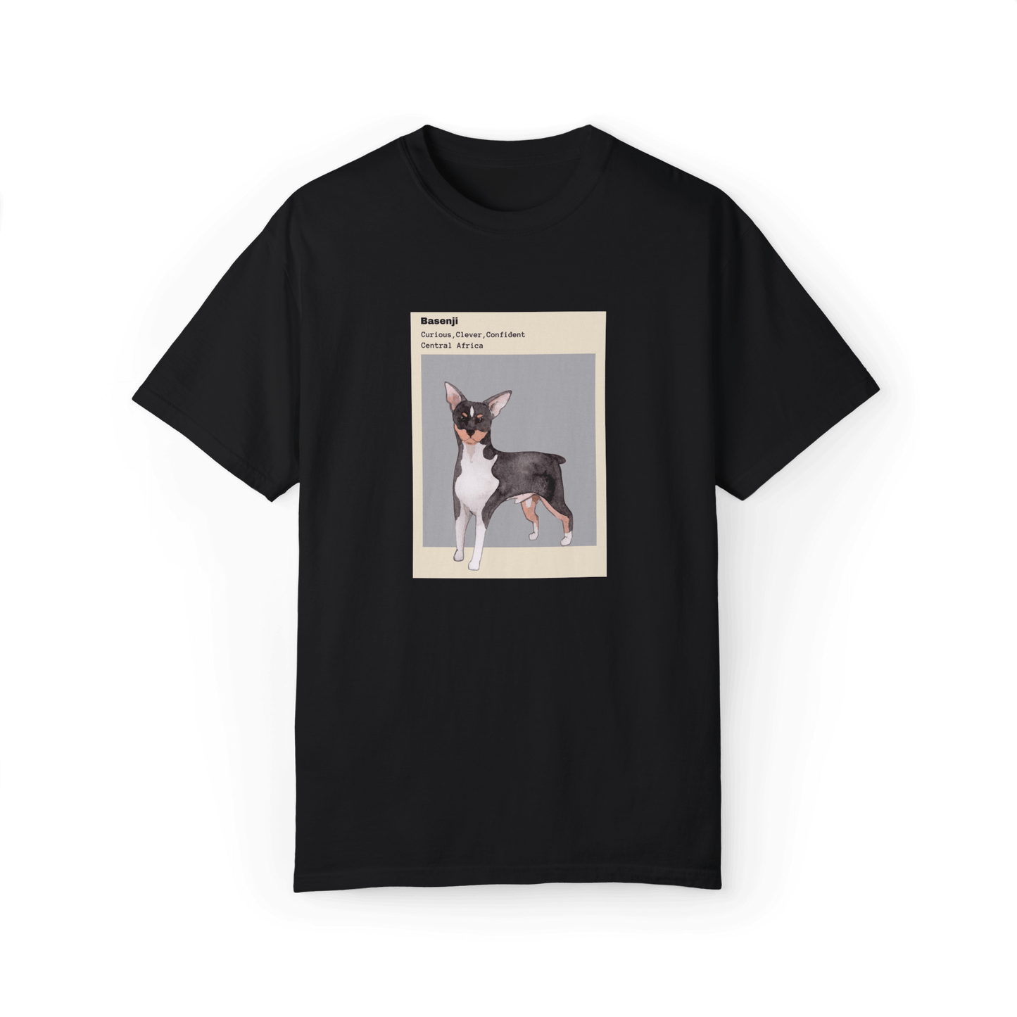 Black T-shirt featuring a watercolor illustration of a Basenji dog with text describing its traits: 'Curious, Clever, Confident,' and its origin, 'Central Africa,' framed in minimalist beige and gray design.