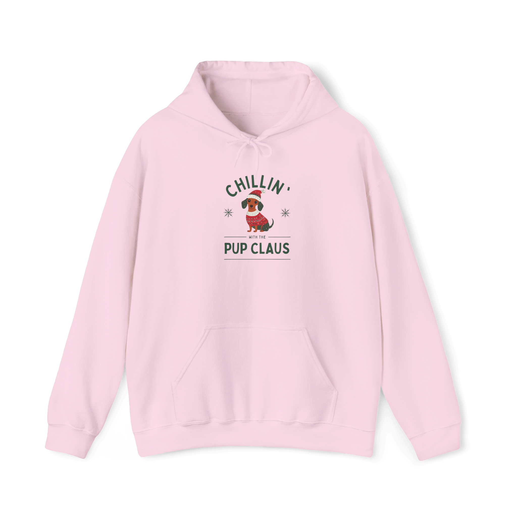 Cozy pink hoodie featuring 'Chillin' Pup Claus' design, perfect for festive holiday comfort and style.