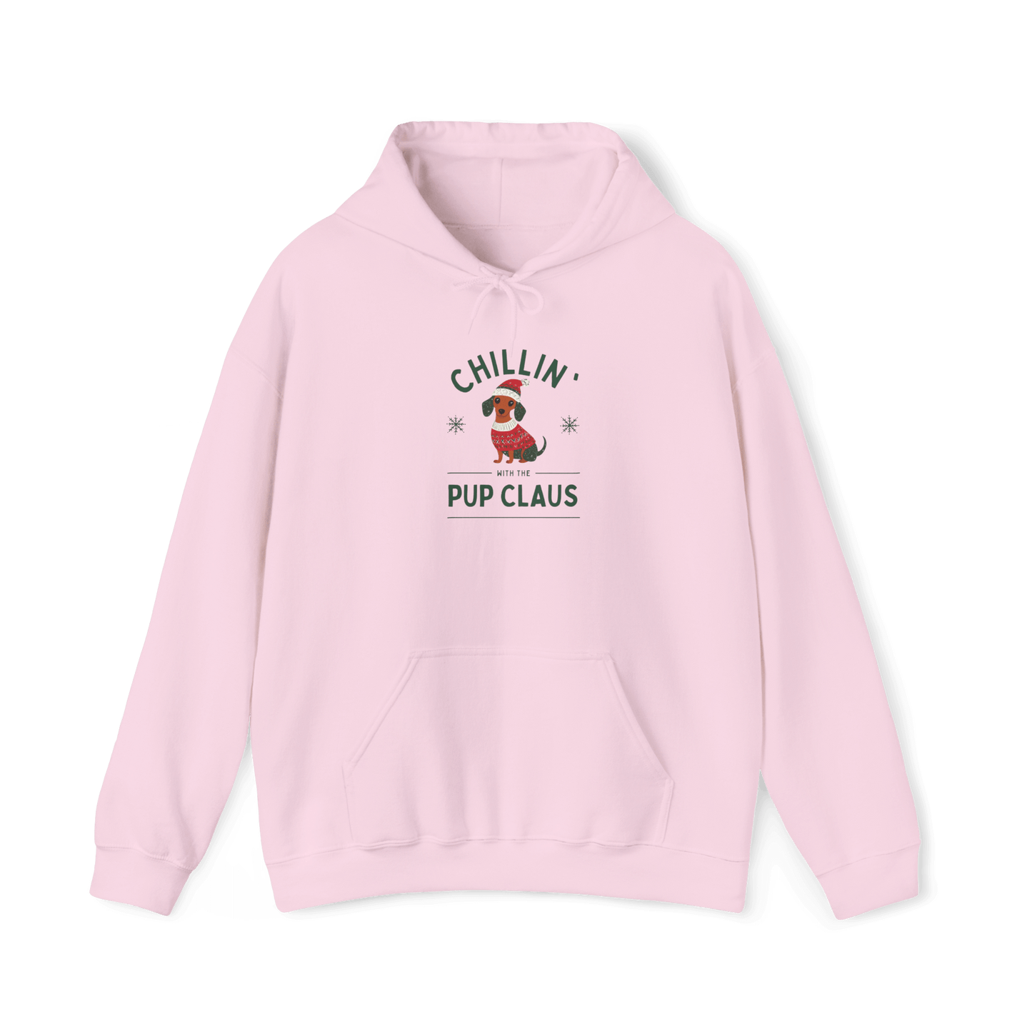 Cozy pink hoodie featuring 'Chillin' Pup Claus' design, perfect for festive holiday comfort and style.