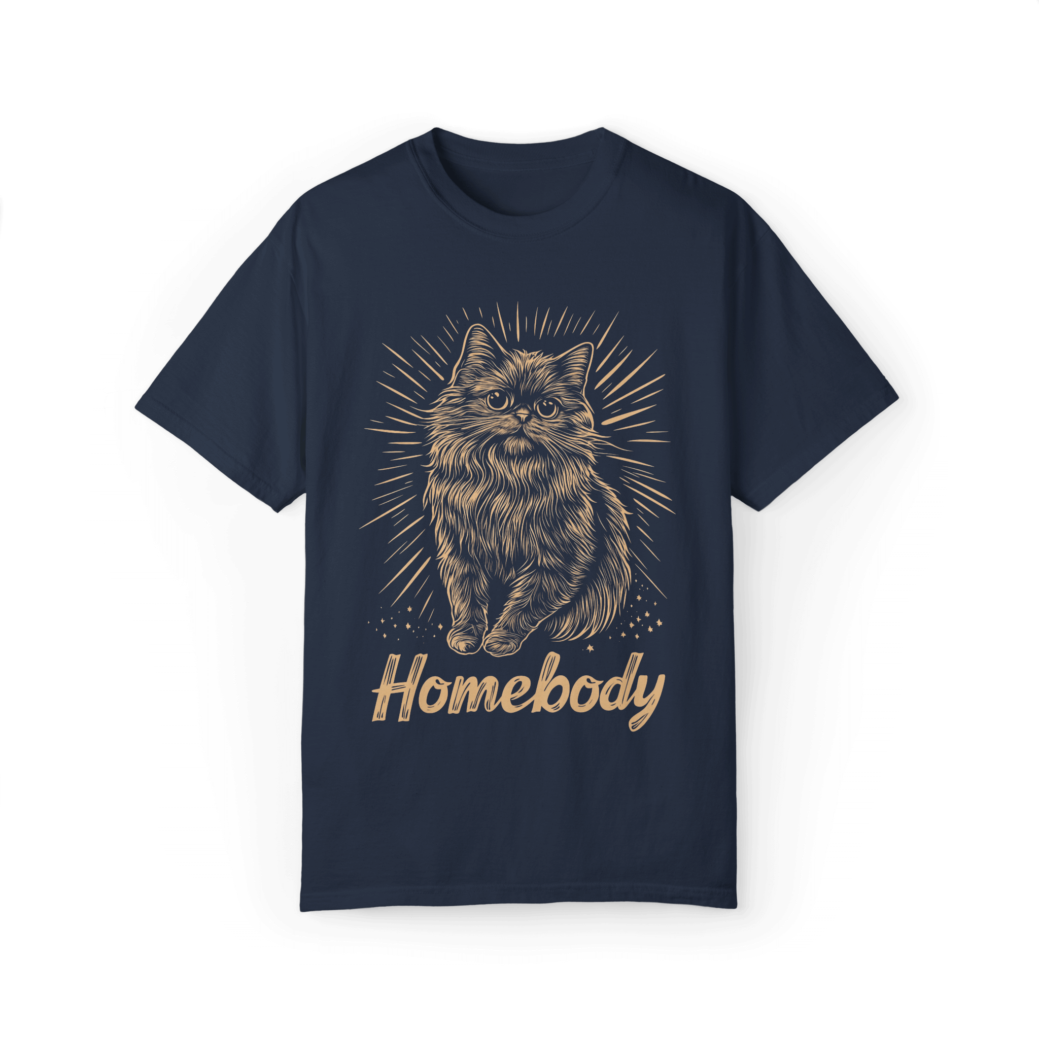 The image showcases a navy T-shirt featuring a detailed Persian cat illustration with radiating lines around it and the word 