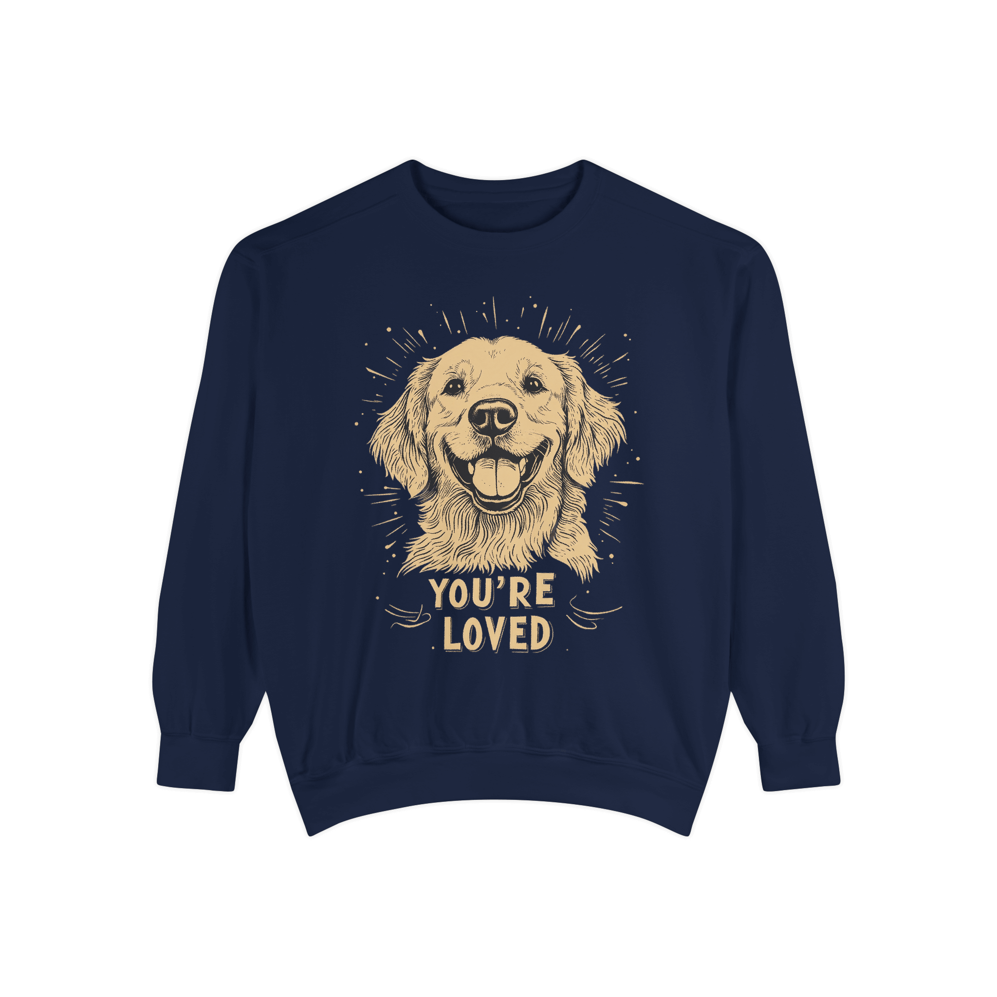 A navy blue crewneck sweatshirt featuring an illustration of a smiling golden retriever, with the text 