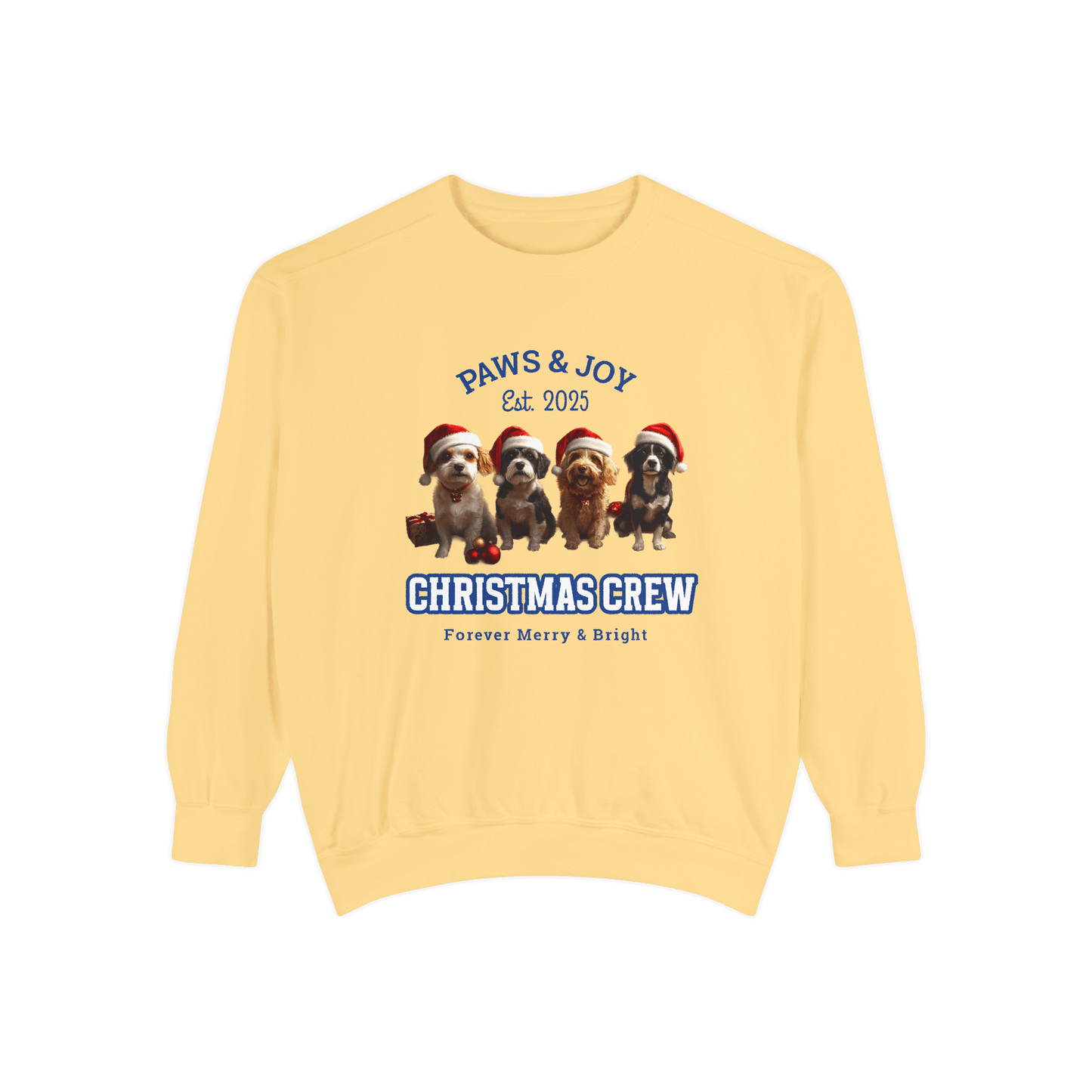 Yellow Christmas-themed sweatshirt featuring "Christmas Crew" text and illustrations of four dogs wearing Santa hats, exuding a festive vibe.