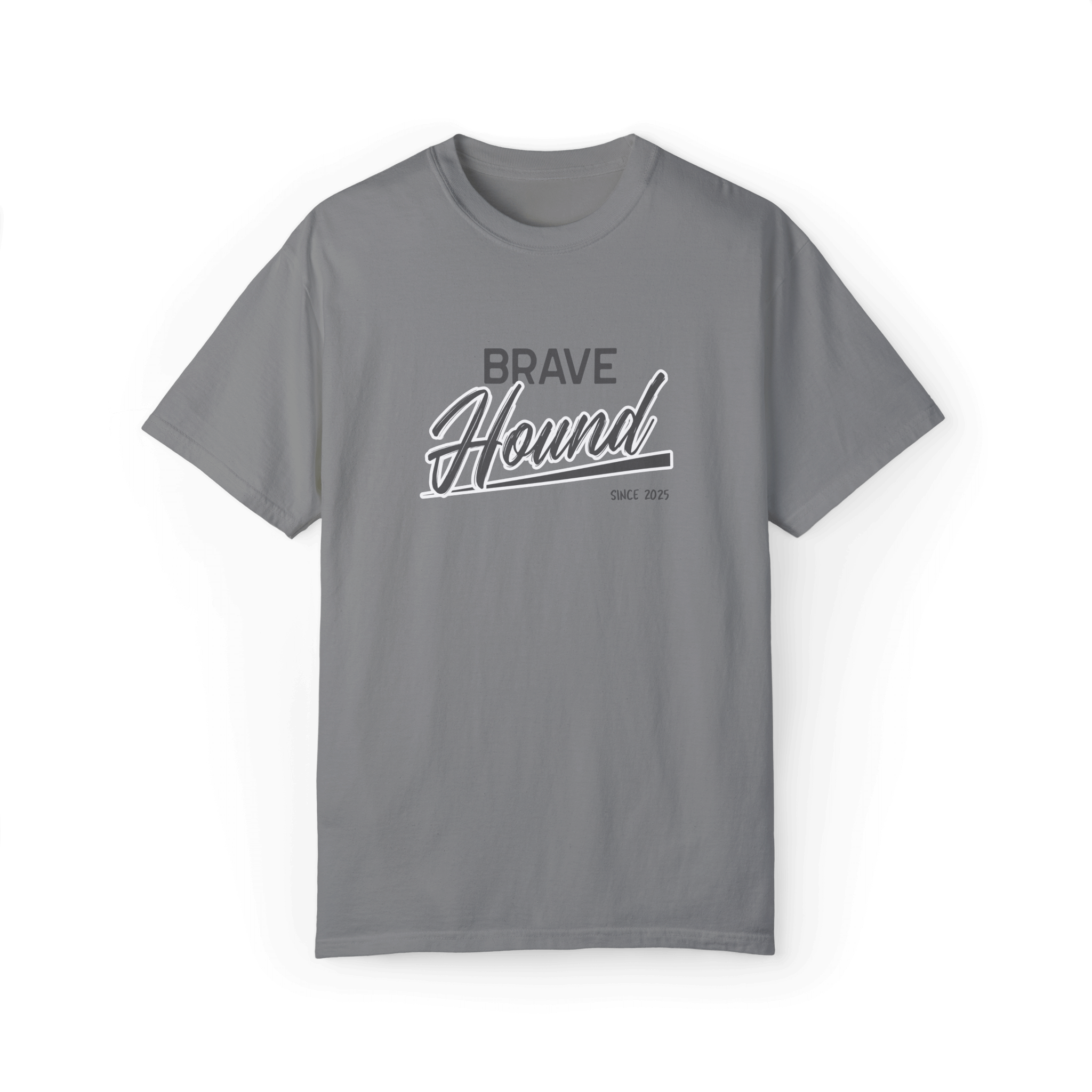 A gray T-shirt featuring the 'Brave Hound' logo in bold and stylish typography, ideal for trendy casual outfits.