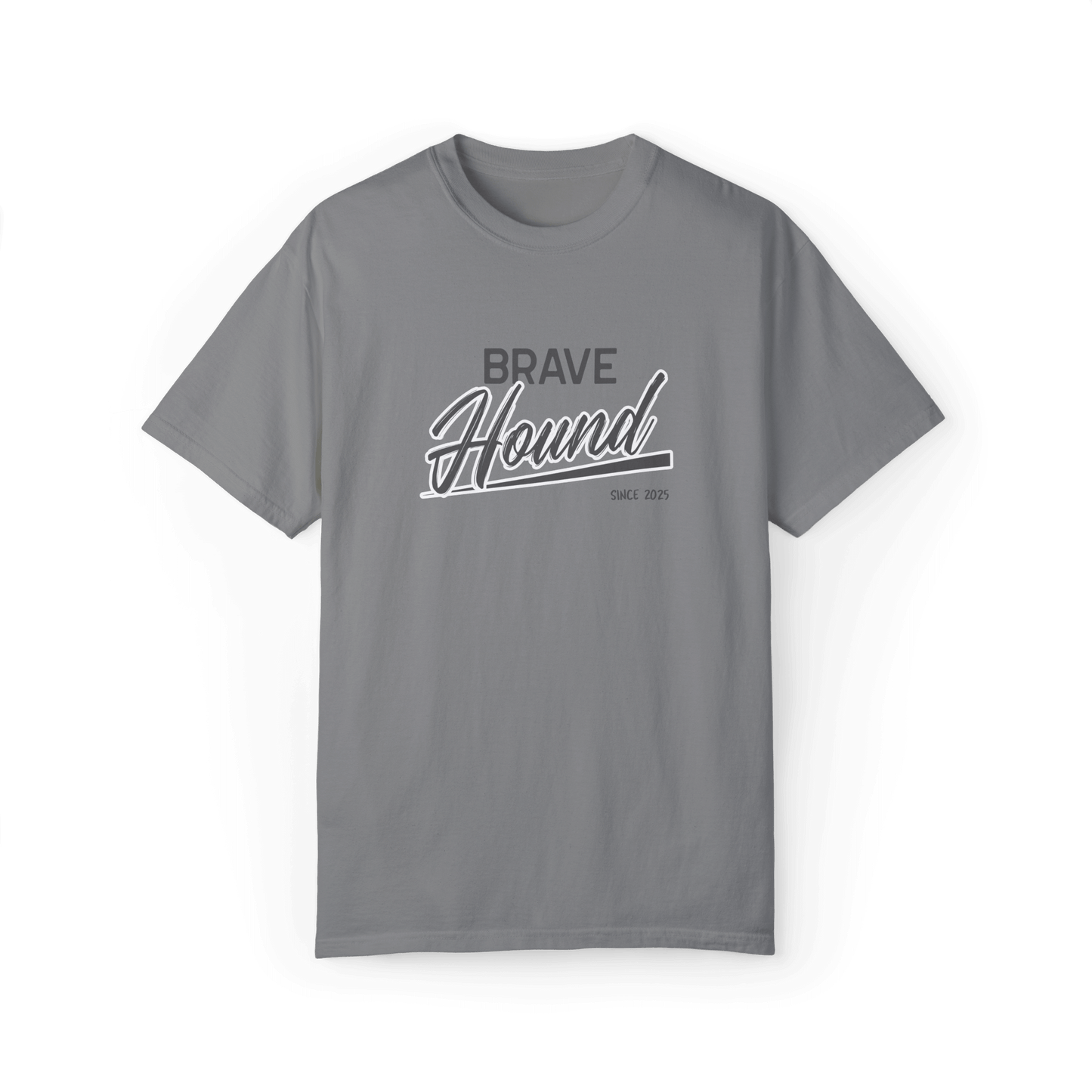 A gray T-shirt featuring the 'Brave Hound' logo in bold and stylish typography, ideal for trendy casual outfits.