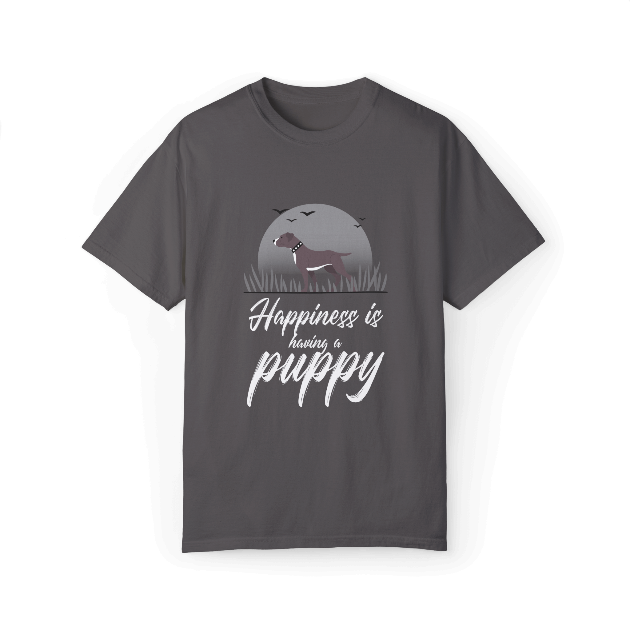 Gray T-shirt with a Pitbull puppy design under a gray moonlit background, featuring white text 'Happiness is having a puppy,' perfect for dog lovers.