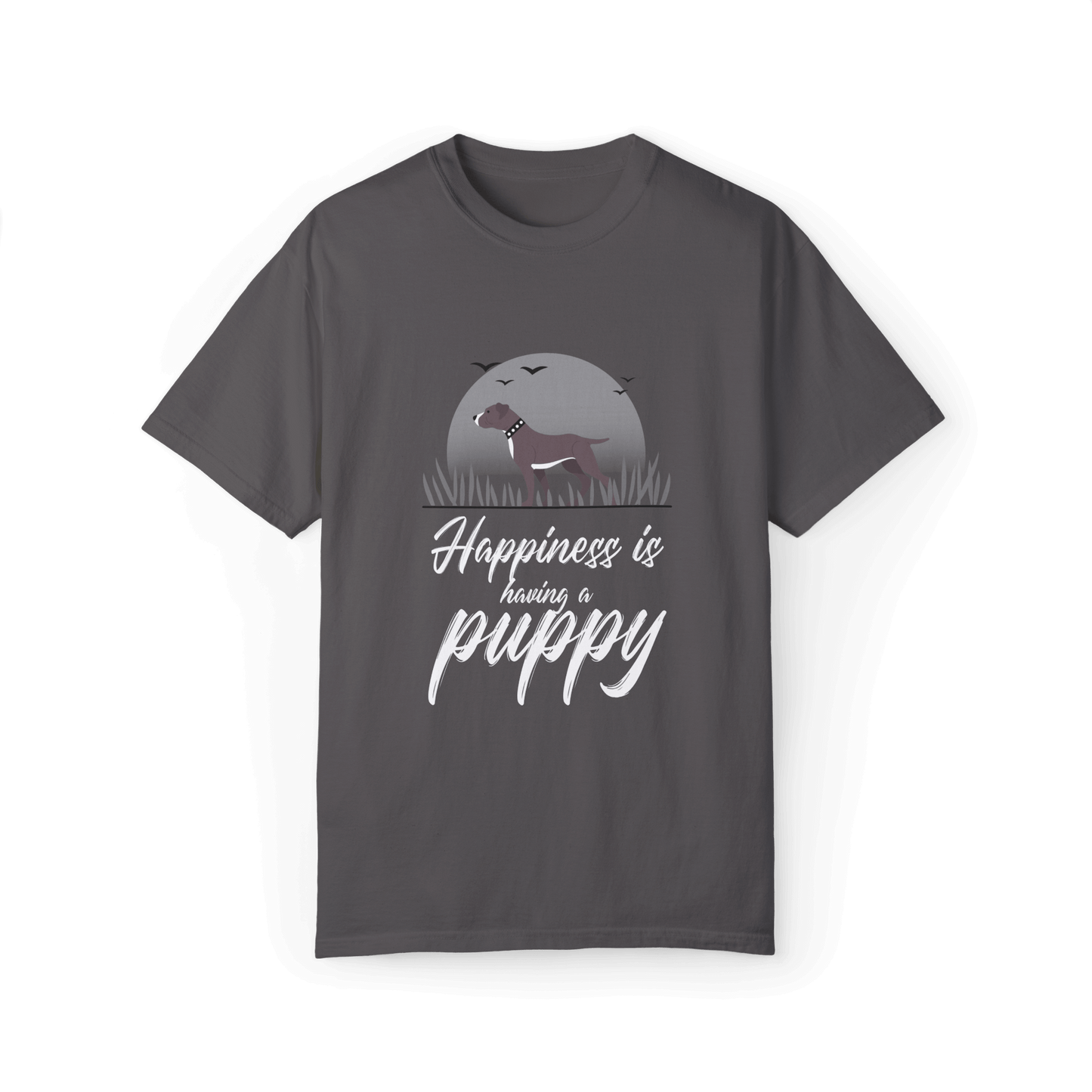 Gray T-shirt with a Pitbull puppy design under a gray moonlit background, featuring white text 'Happiness is having a puppy,' perfect for dog lovers.