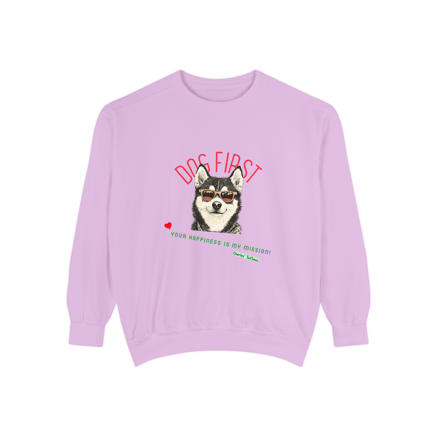 Purple "Dog First" illustration sweatshirt featuring a Husky design with sunglasses, set against a solid black background.