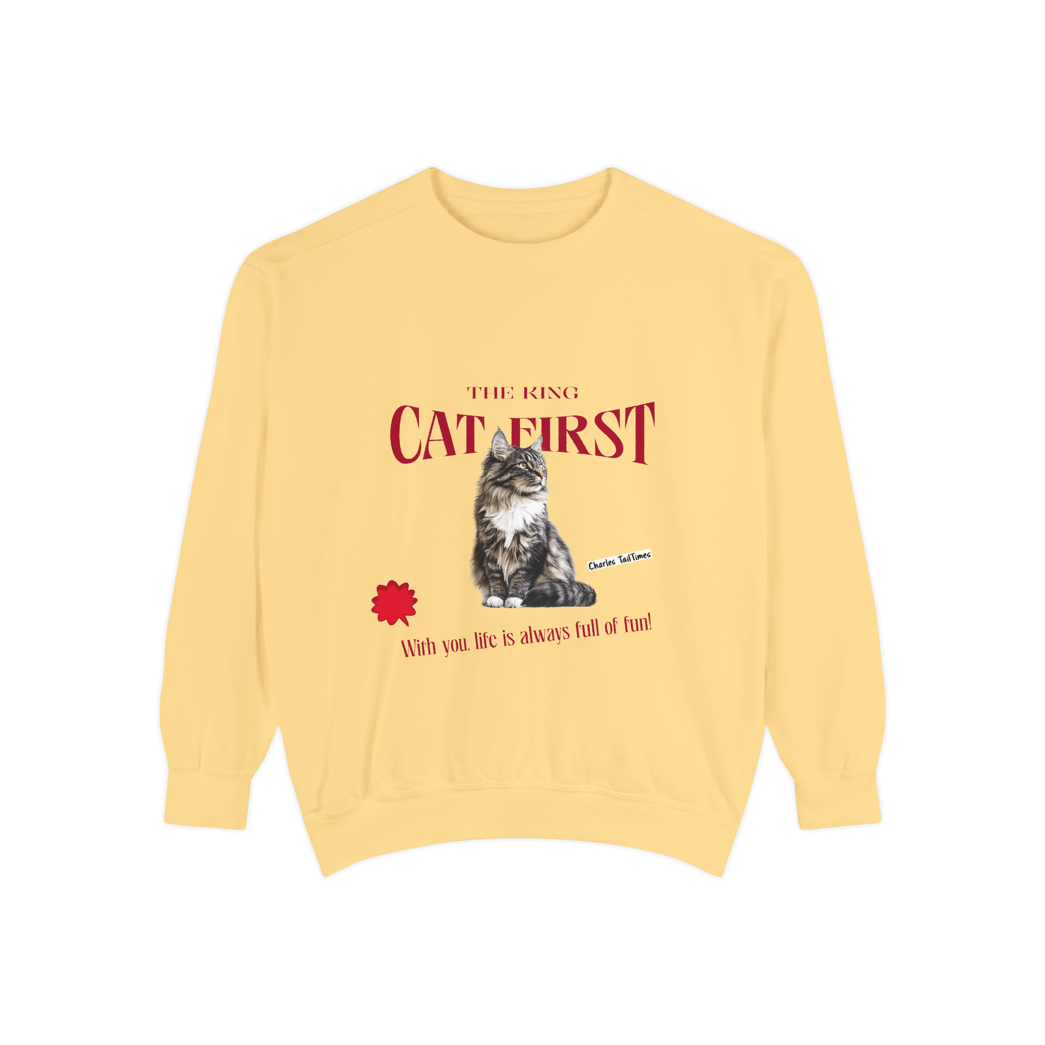 Yellow sweatshirt featuring a Maine Coon cat illustration with the text 