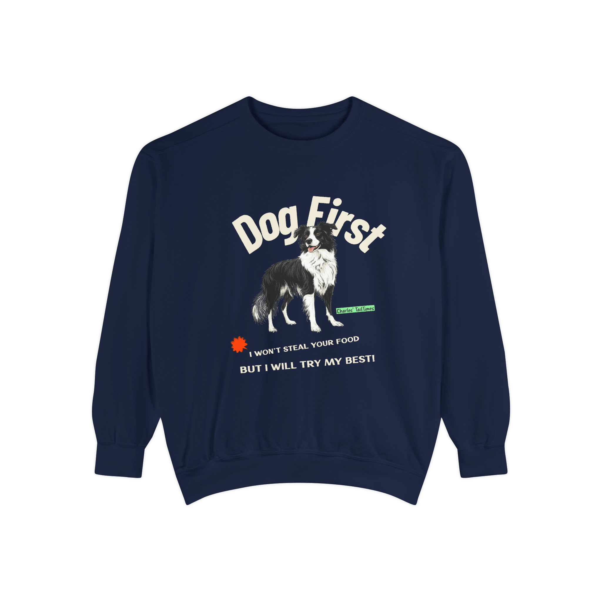 Navy blue sweatshirt featuring a Border Collie illustration with the text 