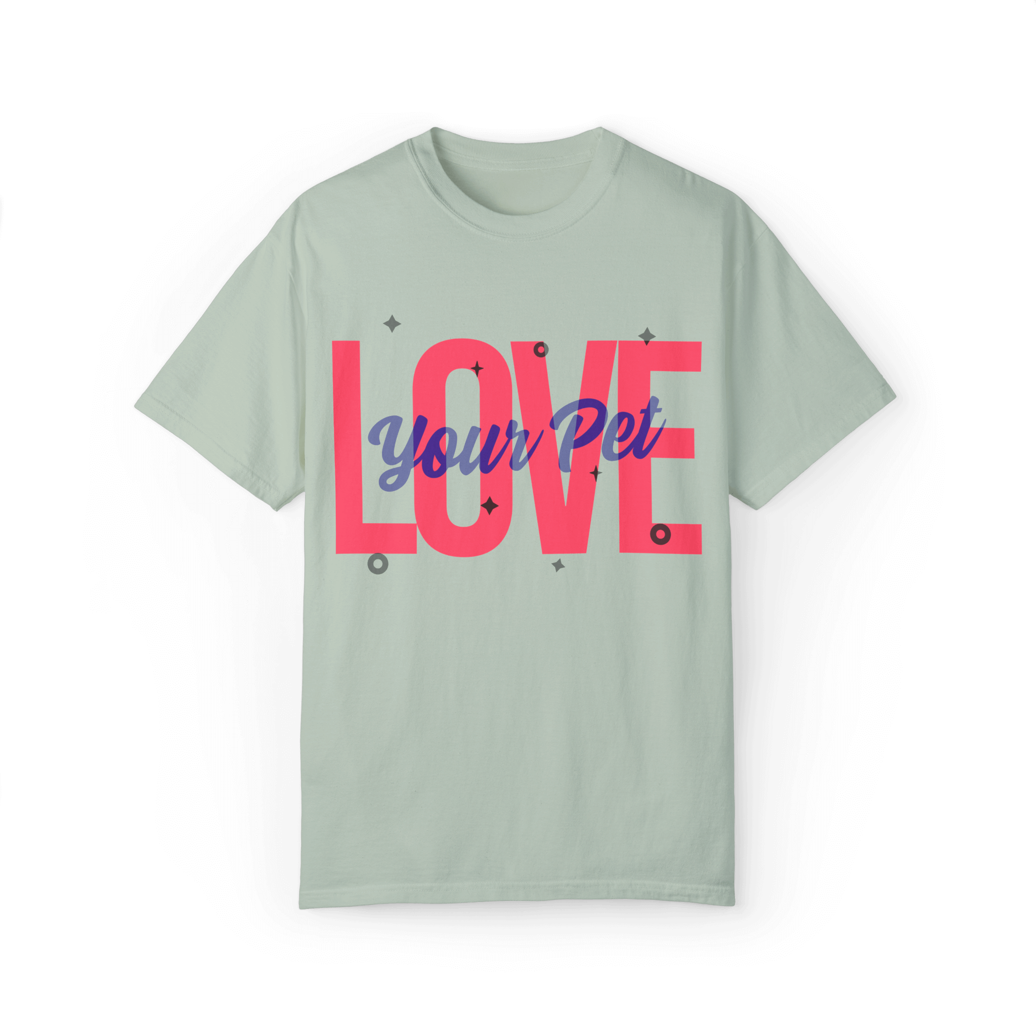 Light mint green T-shirt featuring a vibrant design with the text 'Love Your Pet' in bold pink and blue, decorated with small geometric shapes.