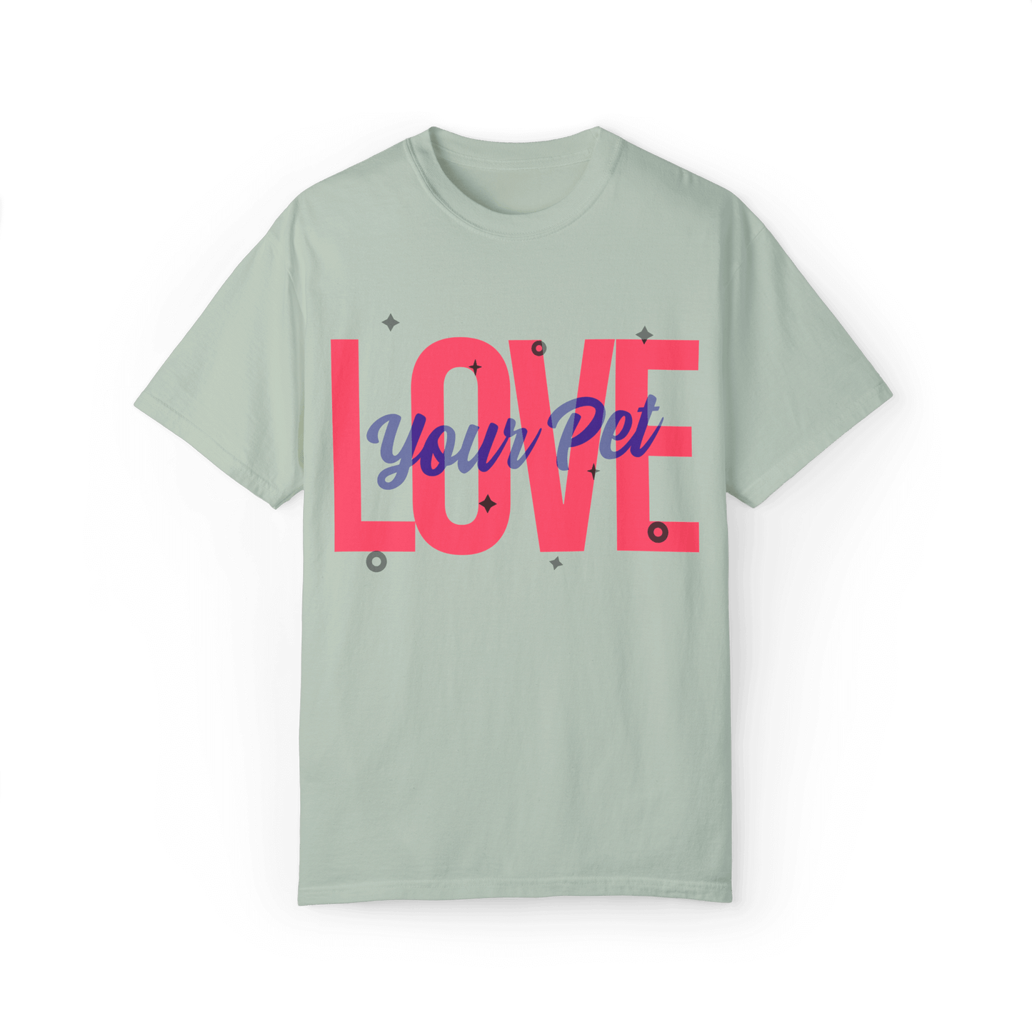 Light mint green T-shirt featuring a vibrant design with the text 'Love Your Pet' in bold pink and blue, decorated with small geometric shapes.