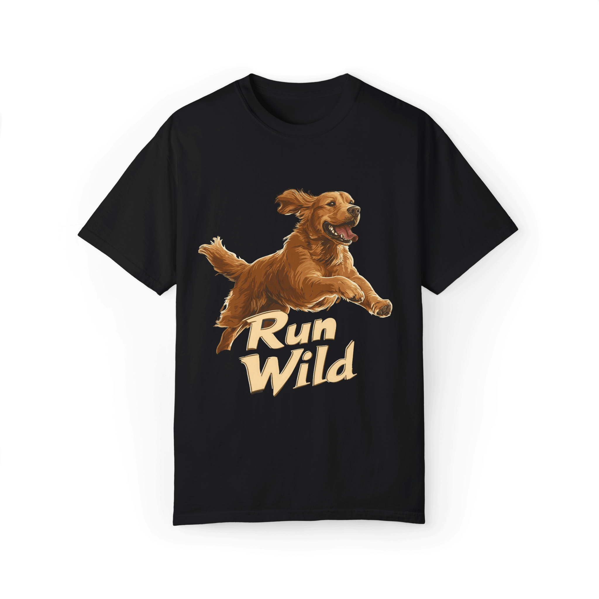 A black T-shirt featuring a running Golden Retriever and the text 