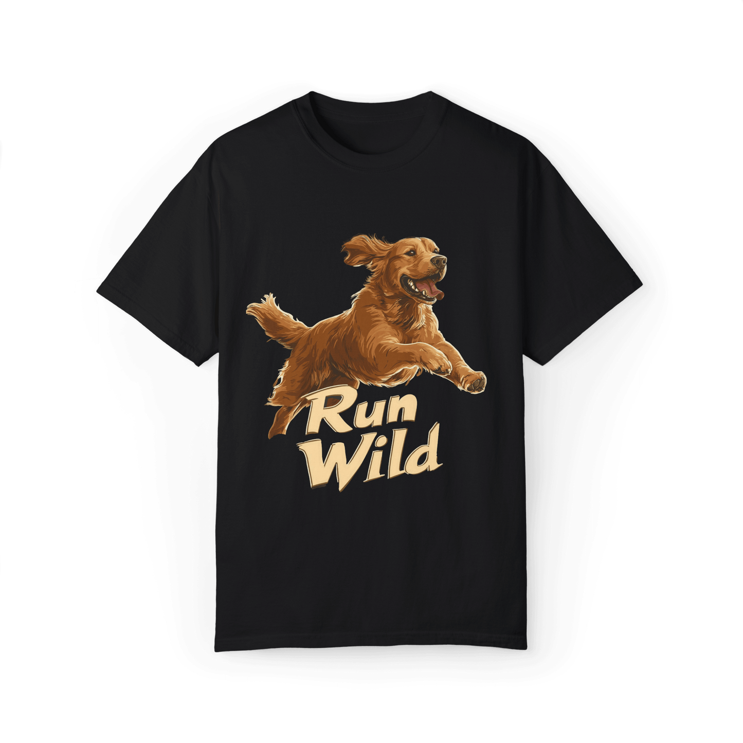 A black T-shirt featuring a running Golden Retriever and the text "Run Wild," showcasing a design that conveys freedom and energy.