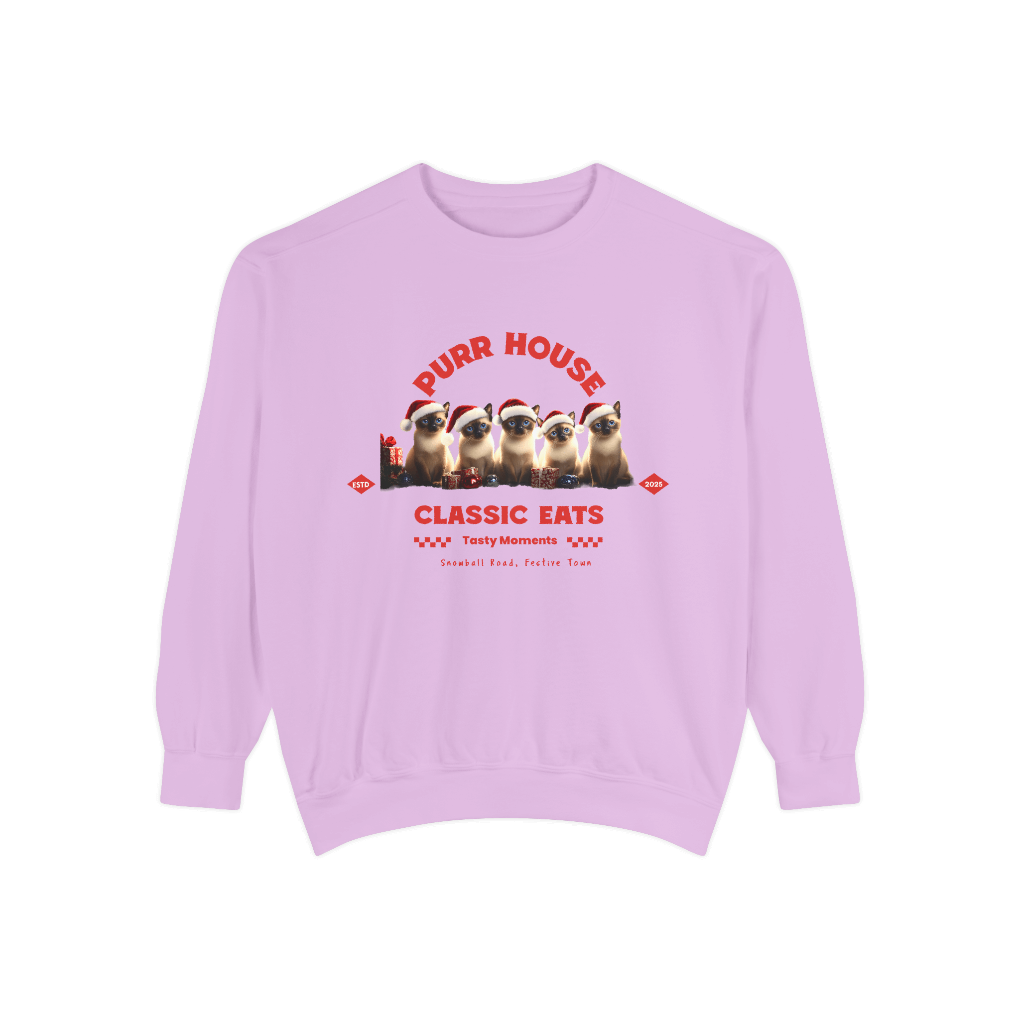 Purr House festive sweatshirt featuring adorable Siamese cats in Santa hats, perfect for cozy holiday gatherings.