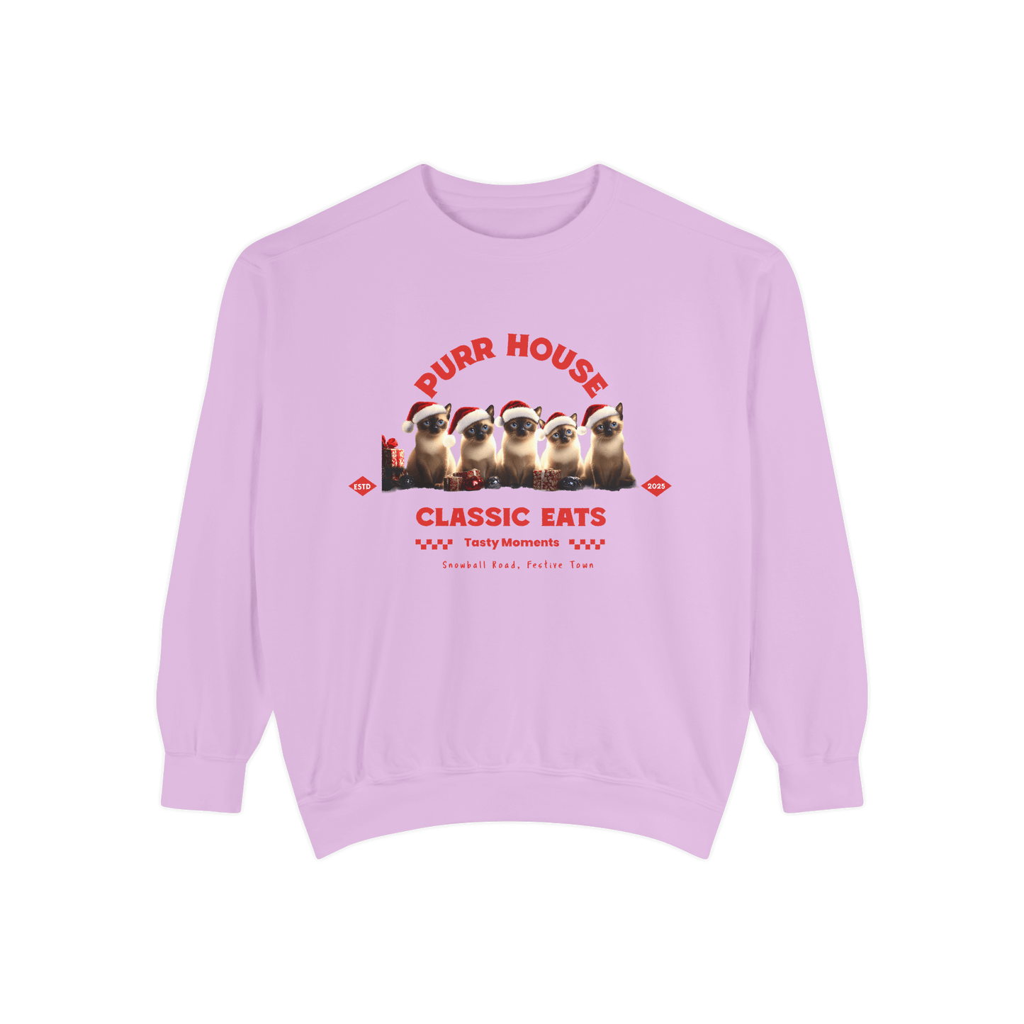 Purr House festive sweatshirt featuring adorable Siamese cats in Santa hats, perfect for cozy holiday gatherings.